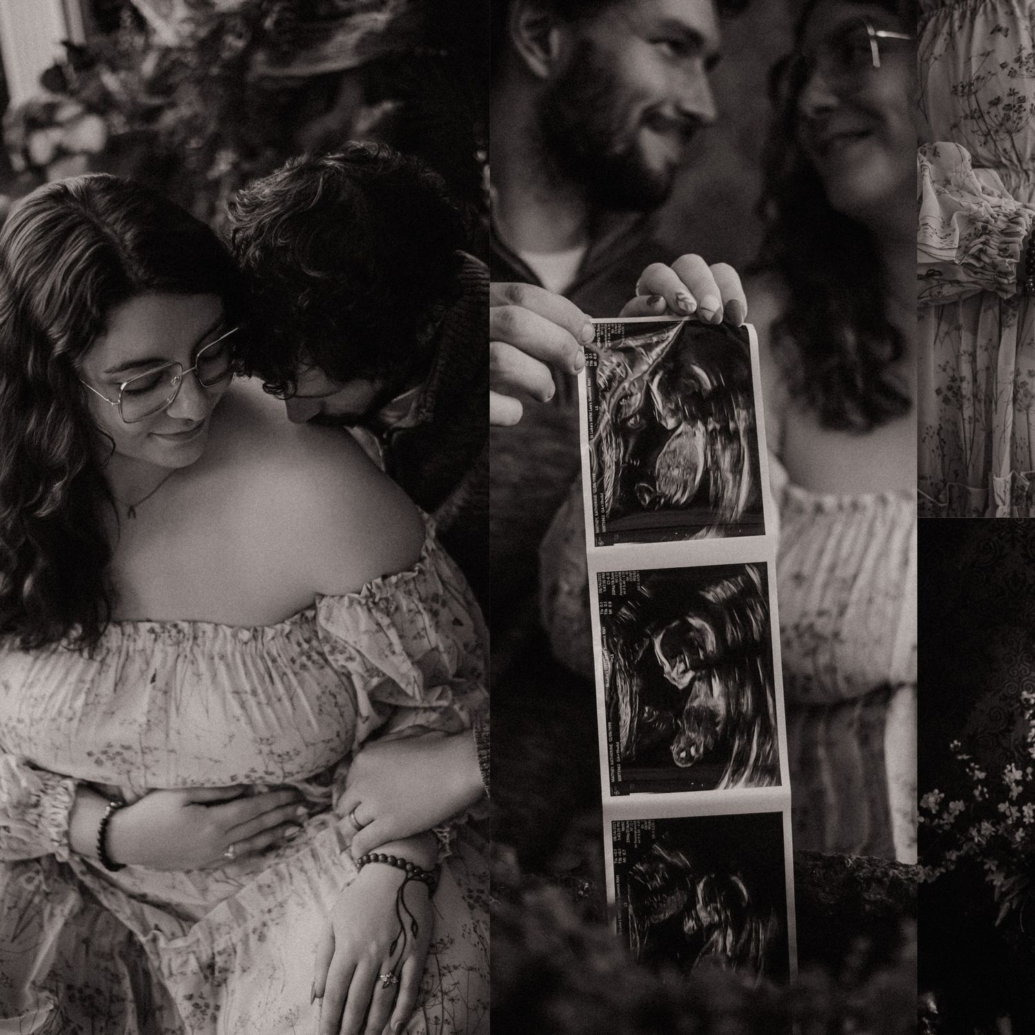 Black and white maternity photography session showing tender moments between expectant parents.