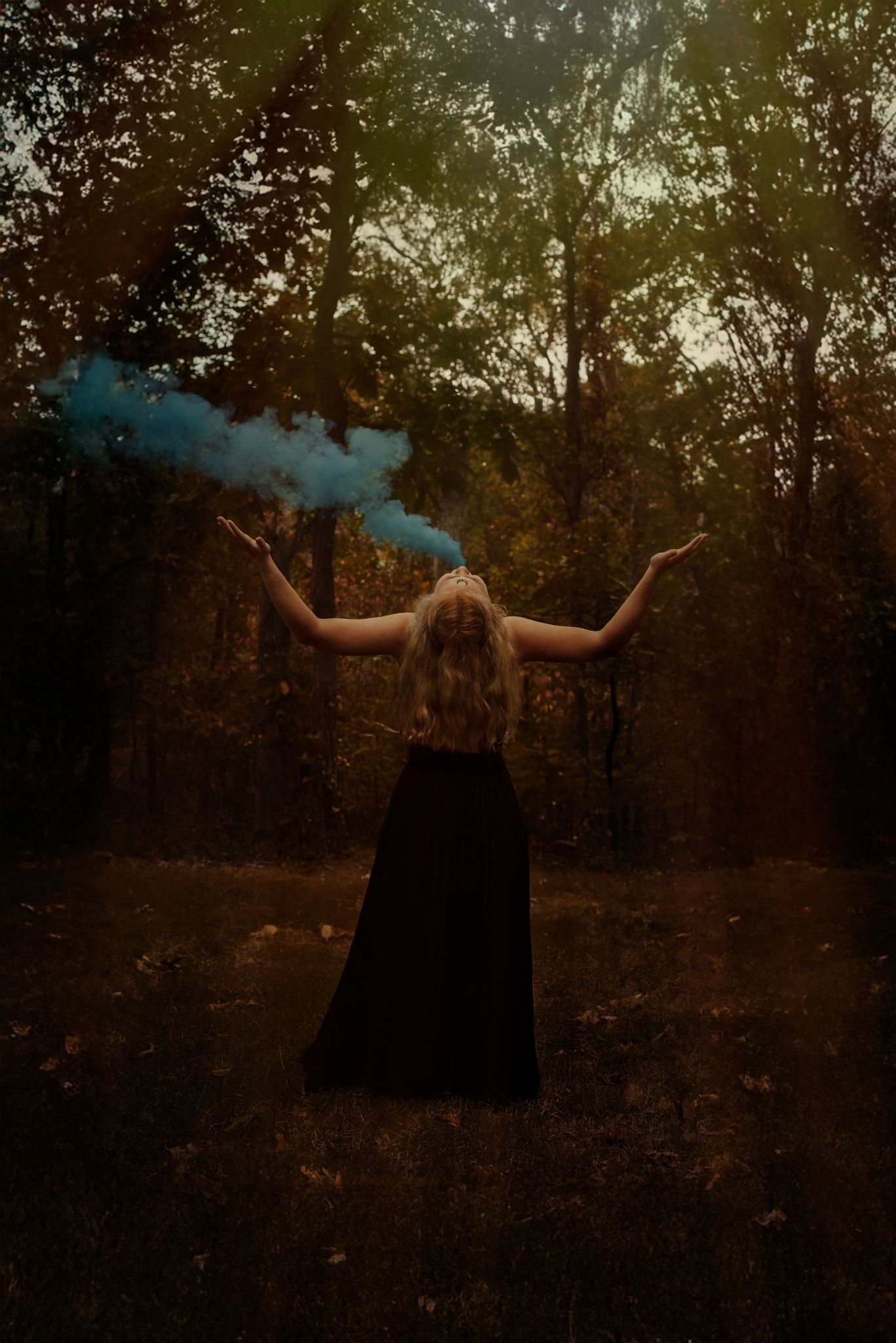 Silhouette of a figure in dark clothing standing in a mystical forest at dusk.