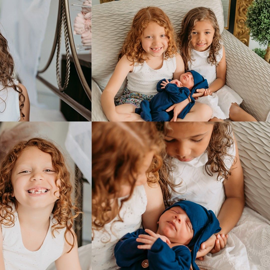 Candid family photos showing playful moments on a white wicker couch.