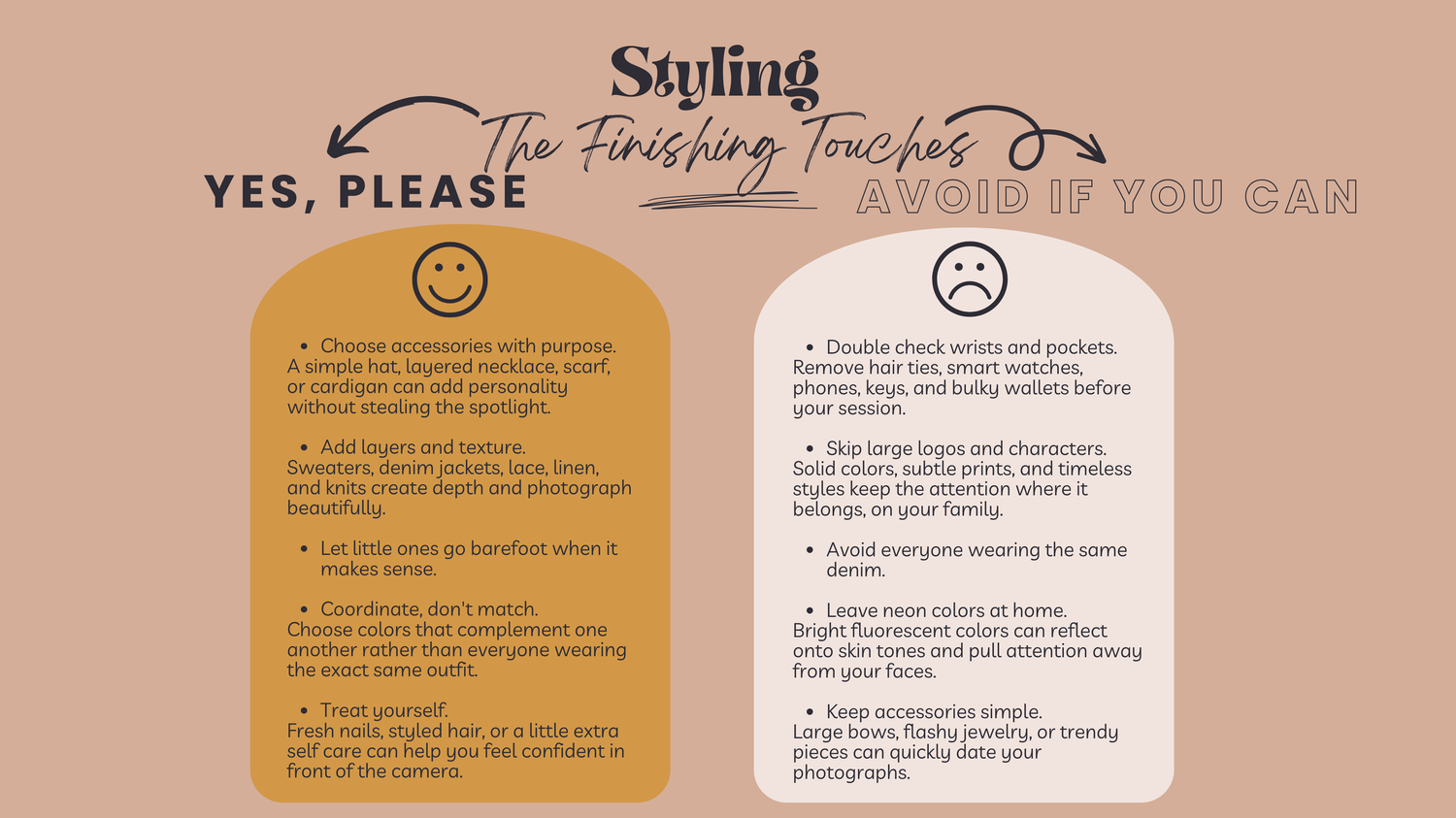 Styling guide titled The Finishing Touches with yes and no tips for outfit accessories and clothing choices.
