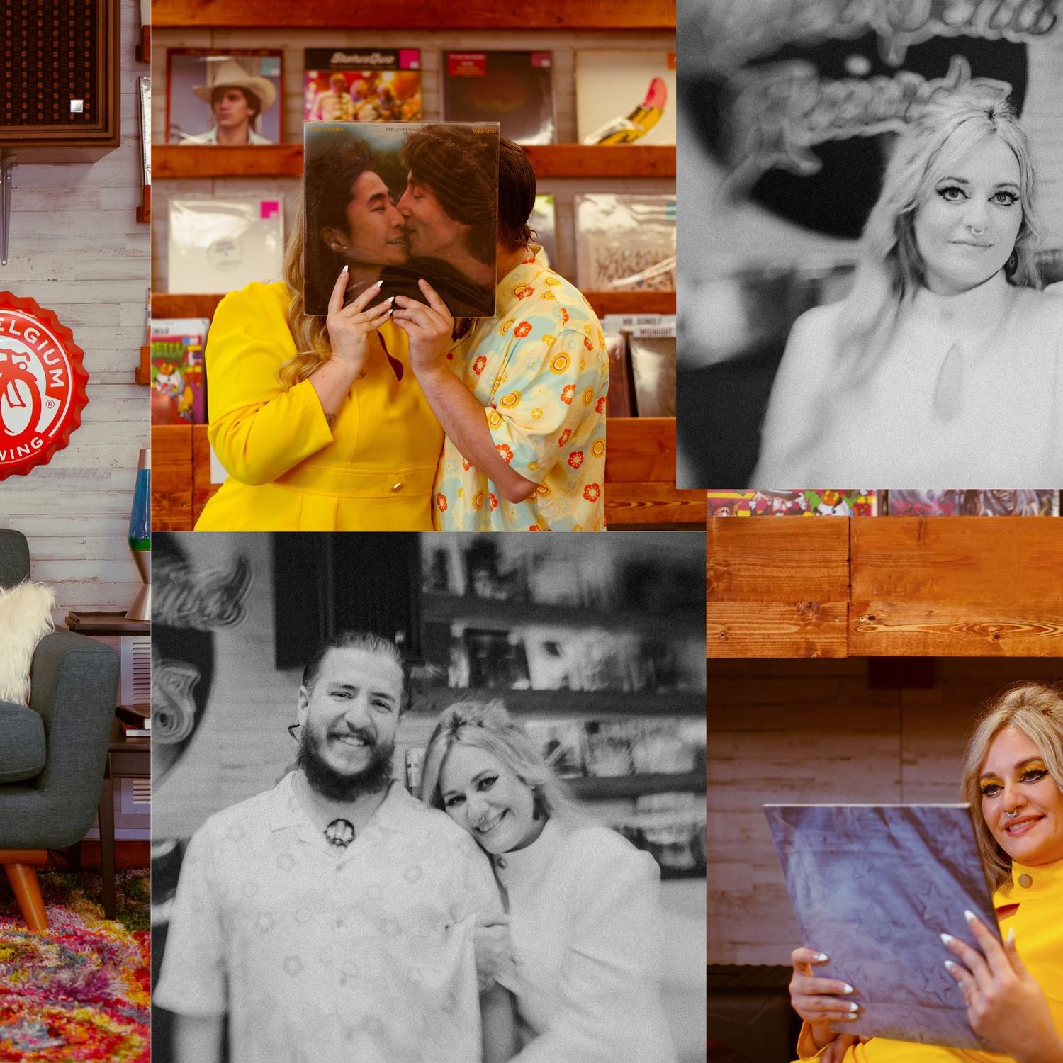 Black and white and color photo collage in record store setting.