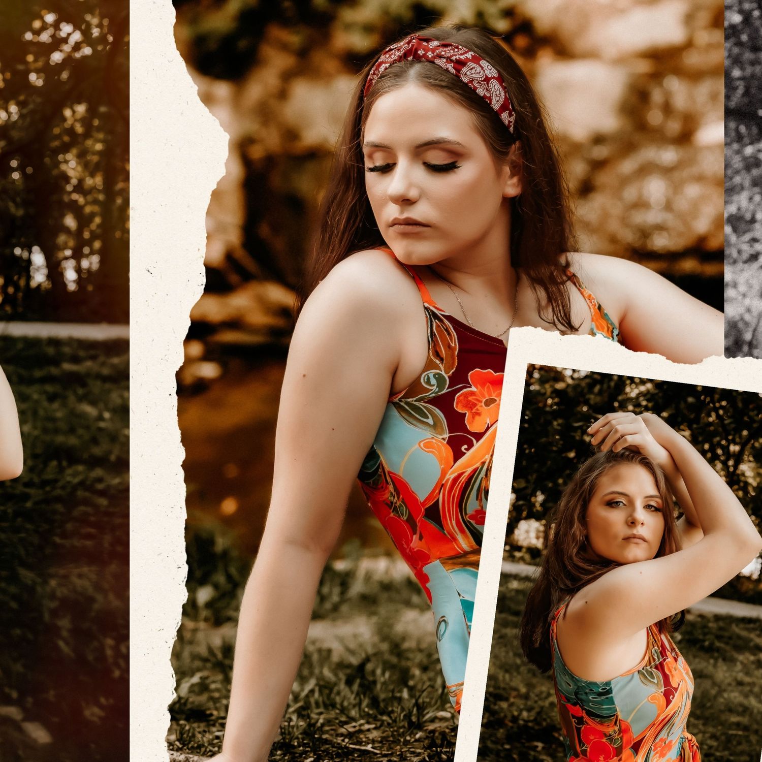 Collage of outdoor portraits showing floral patterns and warm tones.