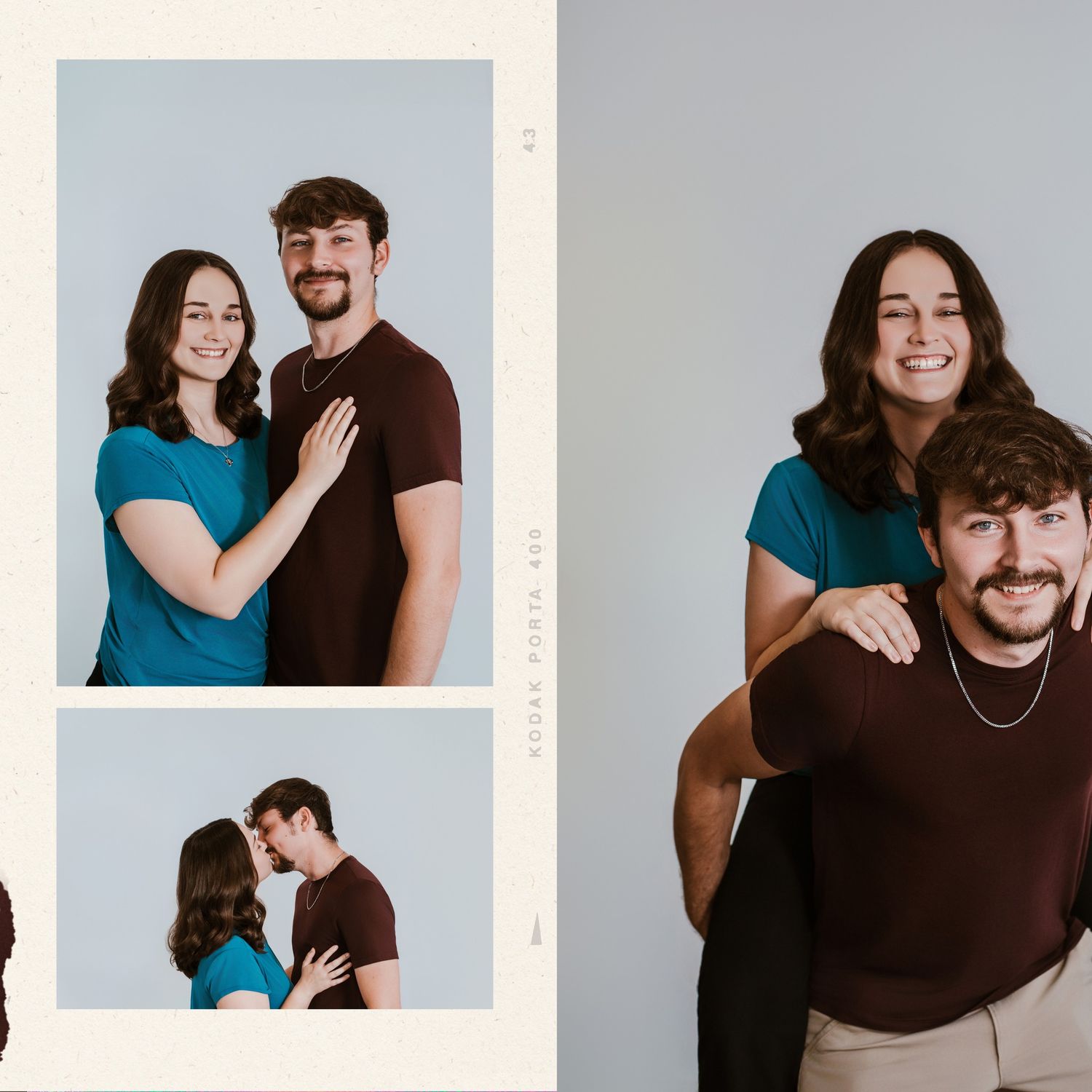 Playful couple in teal and brown clothing posing against studio backdrop.