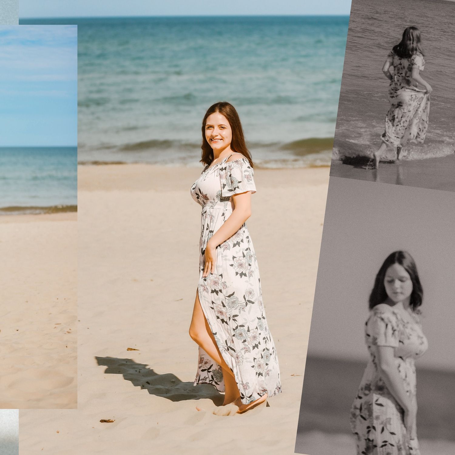 Mixed black and white and color photos of joyful beach moments in floral dress.