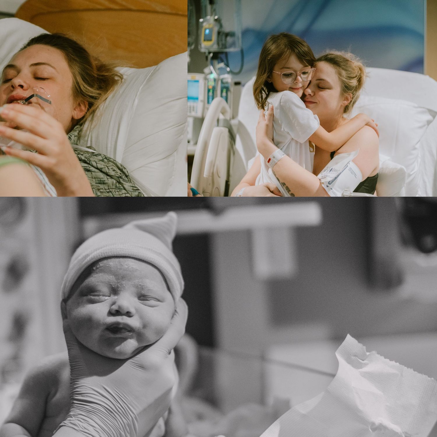Emotional birth photography collage showing a mother in labor, a joyful sibling meeting newborn, and a serene newborn portrait.