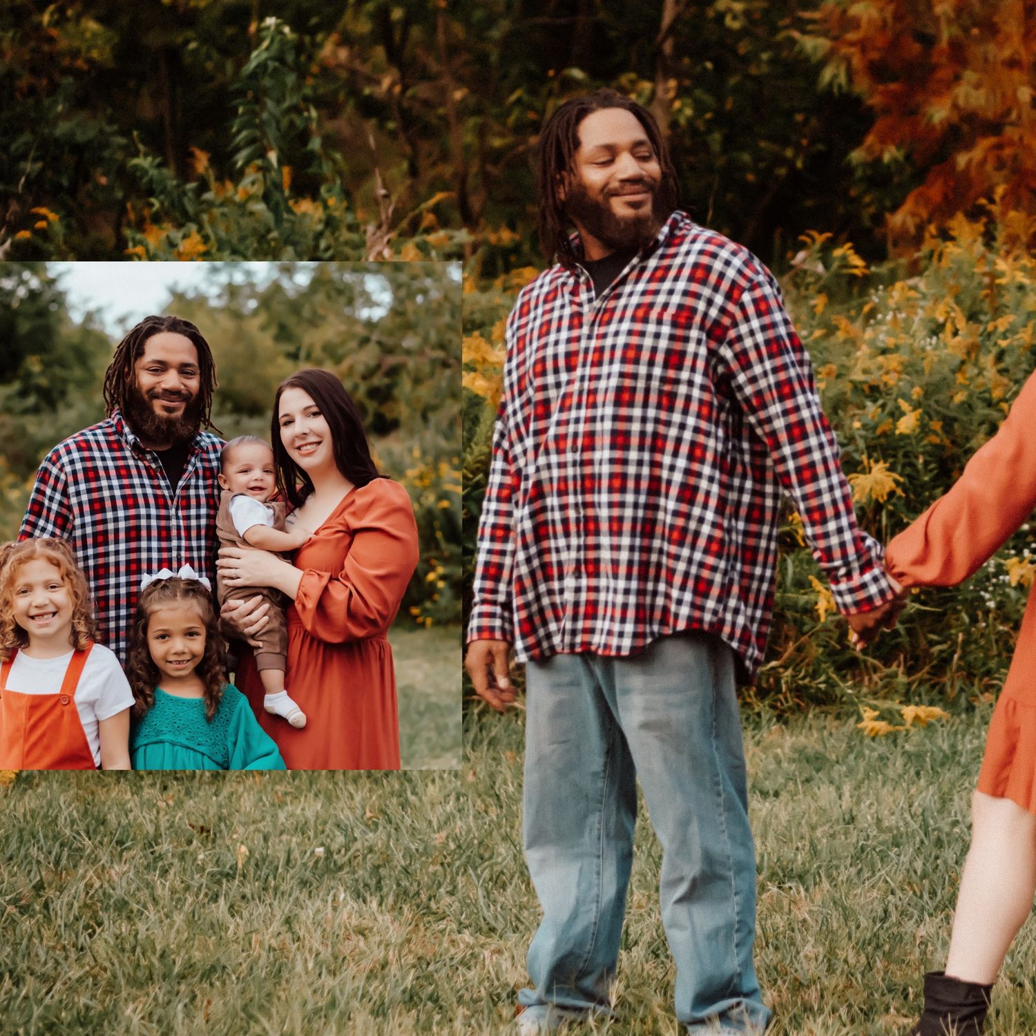 A family dressed in coordinating colors walks together through a field during autumn.