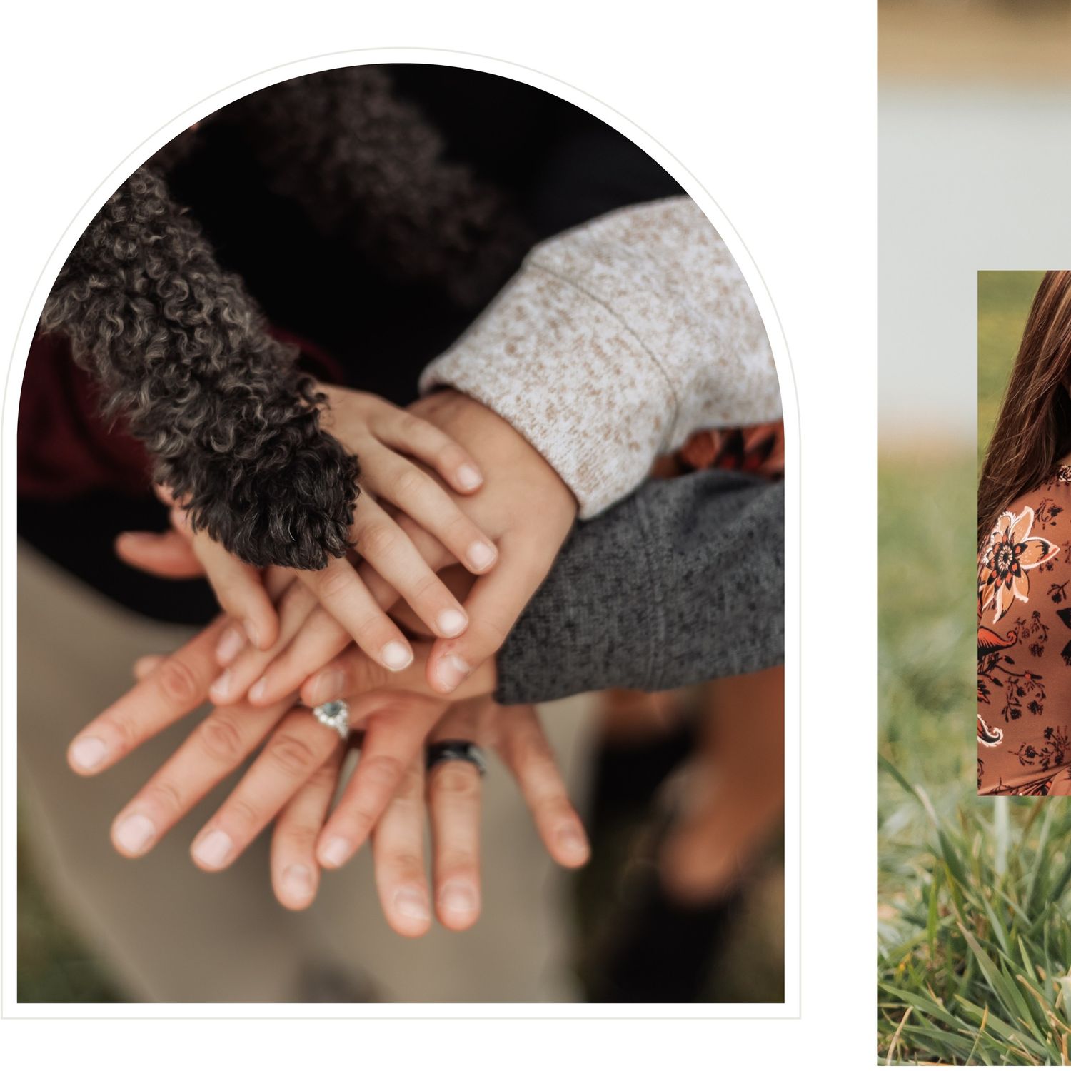 Close up of hands with engagement ring during outdoor photoshoot.