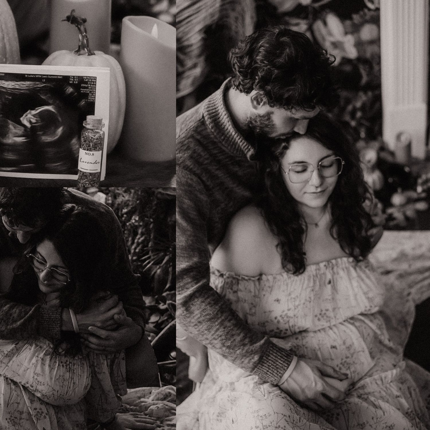 Intimate black and white maternity portraits with vintage styling and natural window light.