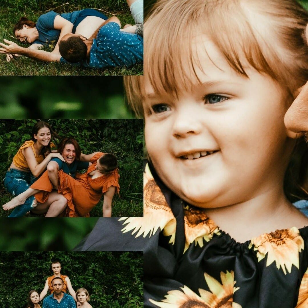 Natural light family portraits with warm autumn colors in garden setting.