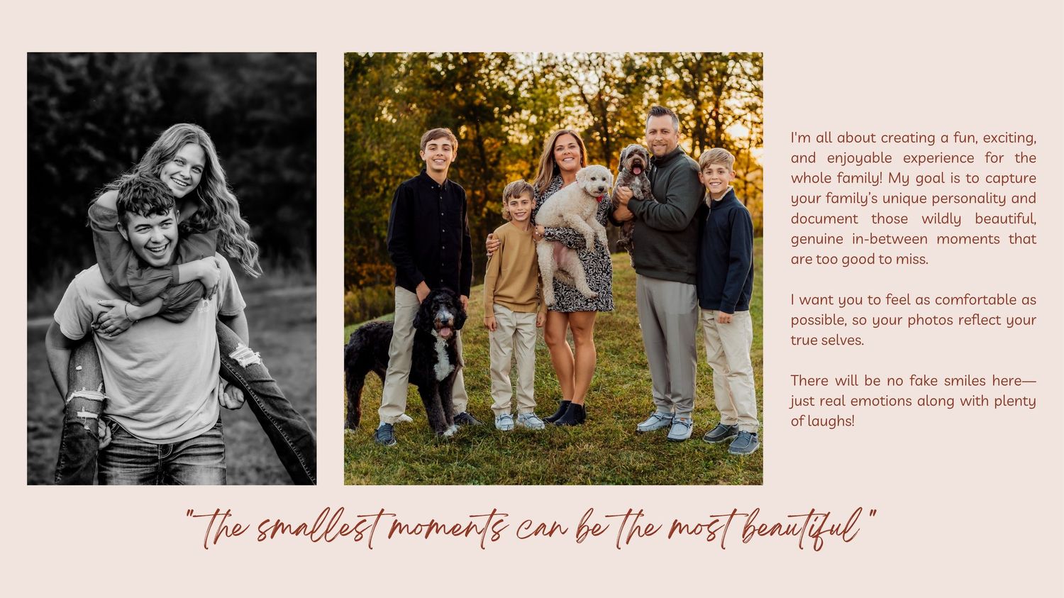 A warm family portrait session featuring parents and children posing outdoors among autumn foliage in natural light.