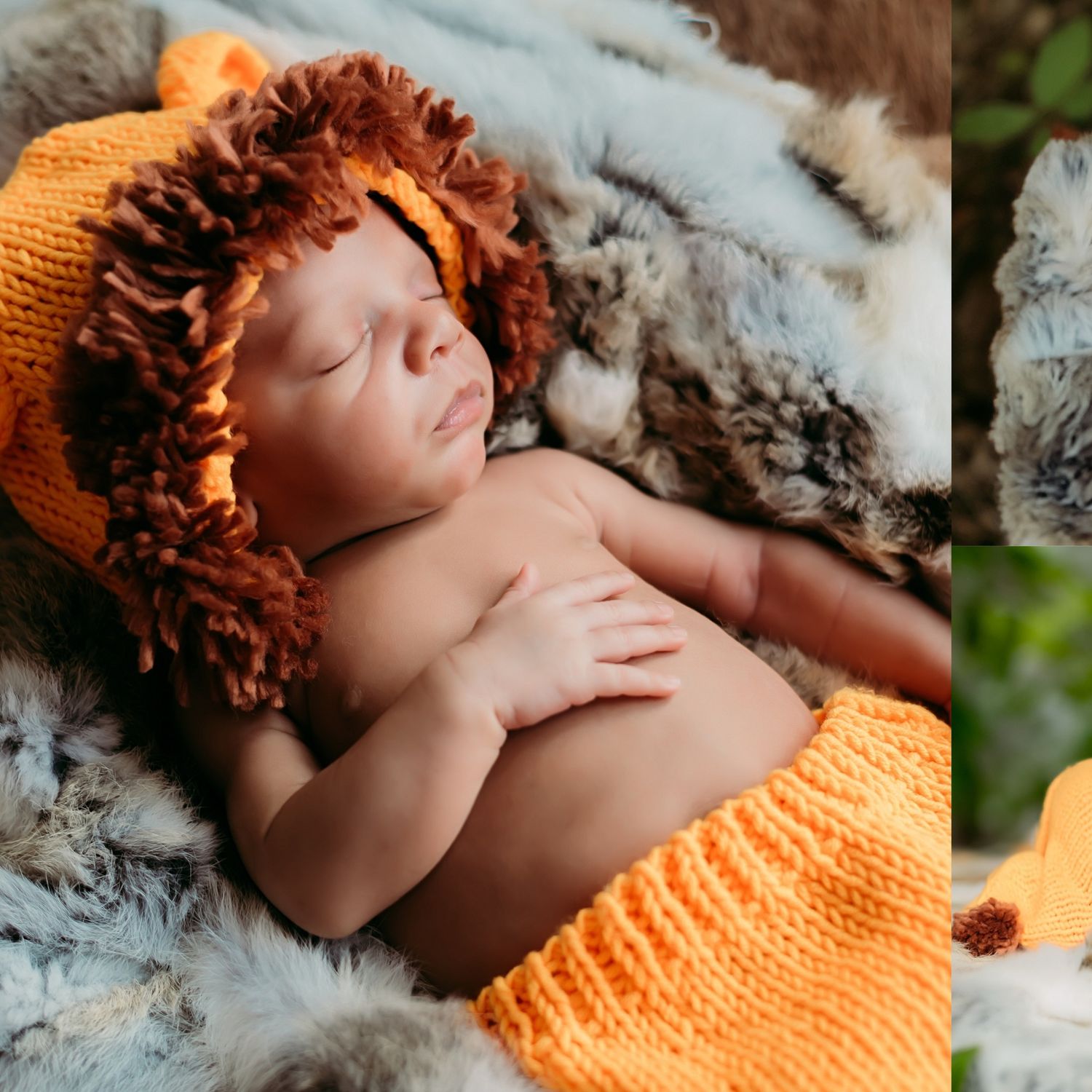 Sleeping newborn wearing an orange knit lion costume on cozy white bedding.