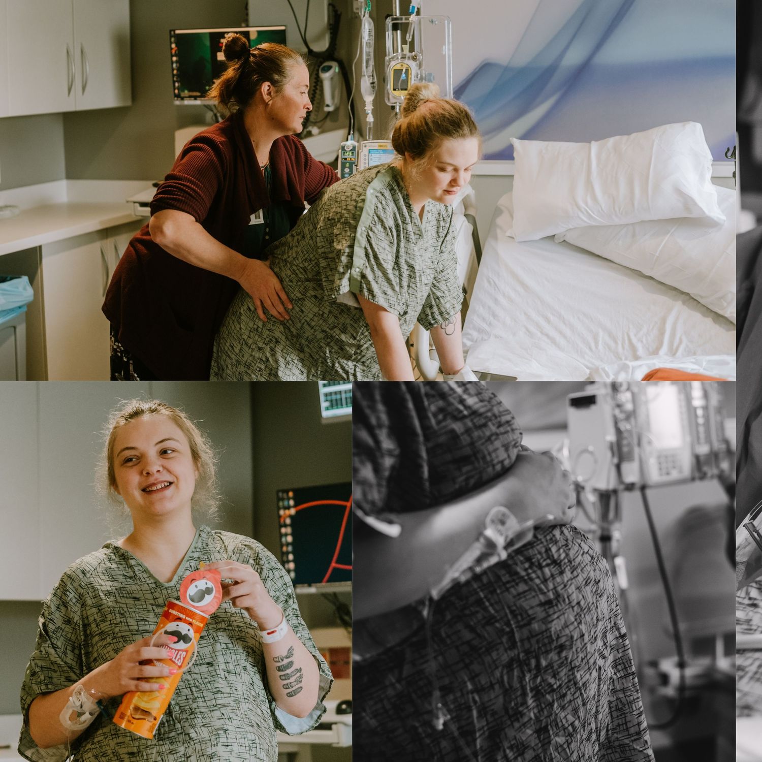 A collage of hospital scenes showing a patient in a gown with a caregiver, an empty bed, IV equipment, and a smiling woman holding a can.