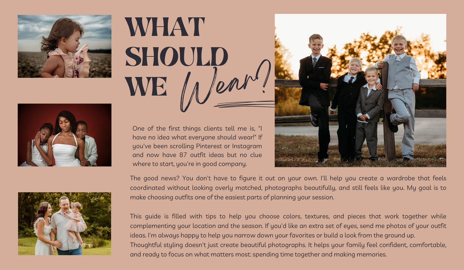Family photographer tips on what to wear for photos, featuring coordinated outfits in neutral tones outdoors.