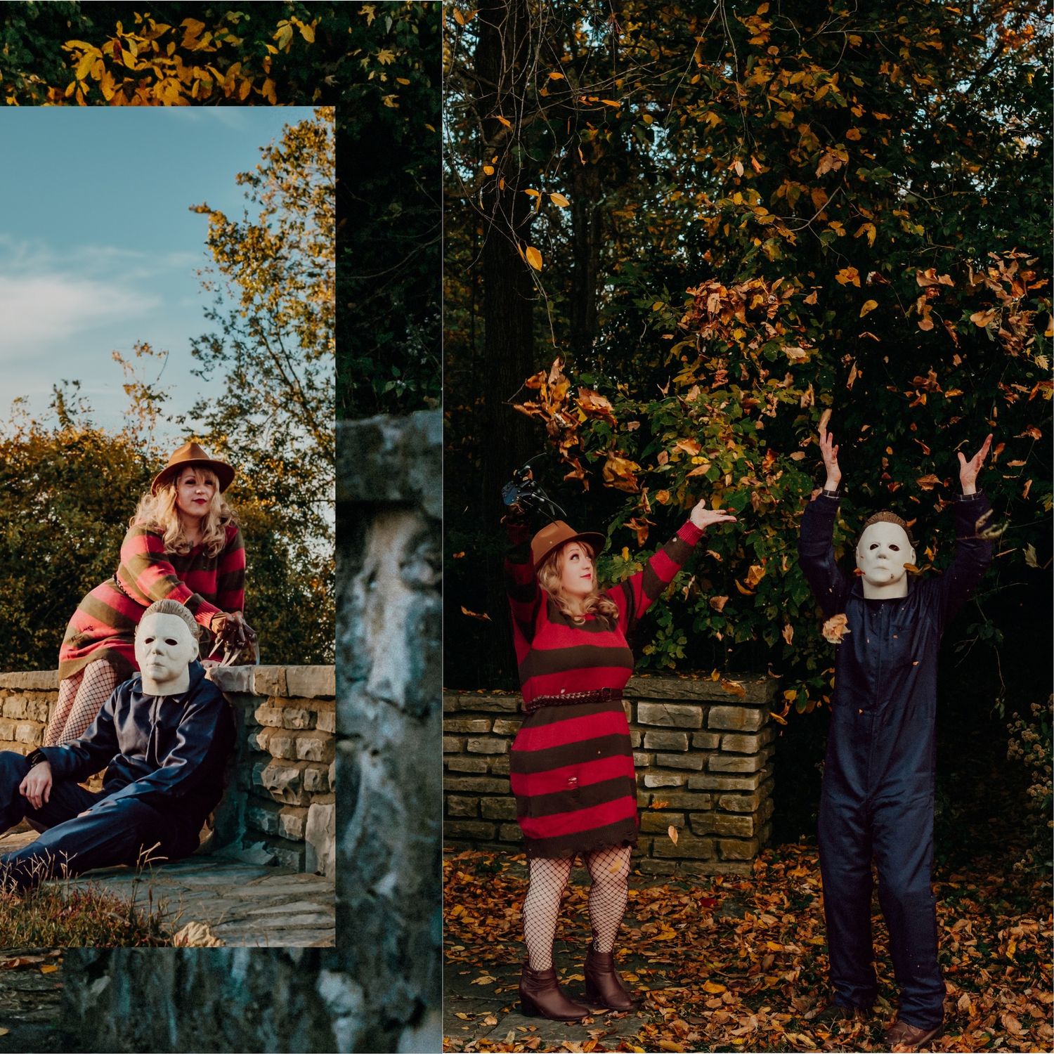 Halloween themed portraits with masked figure and person in red sweater by stone wall.