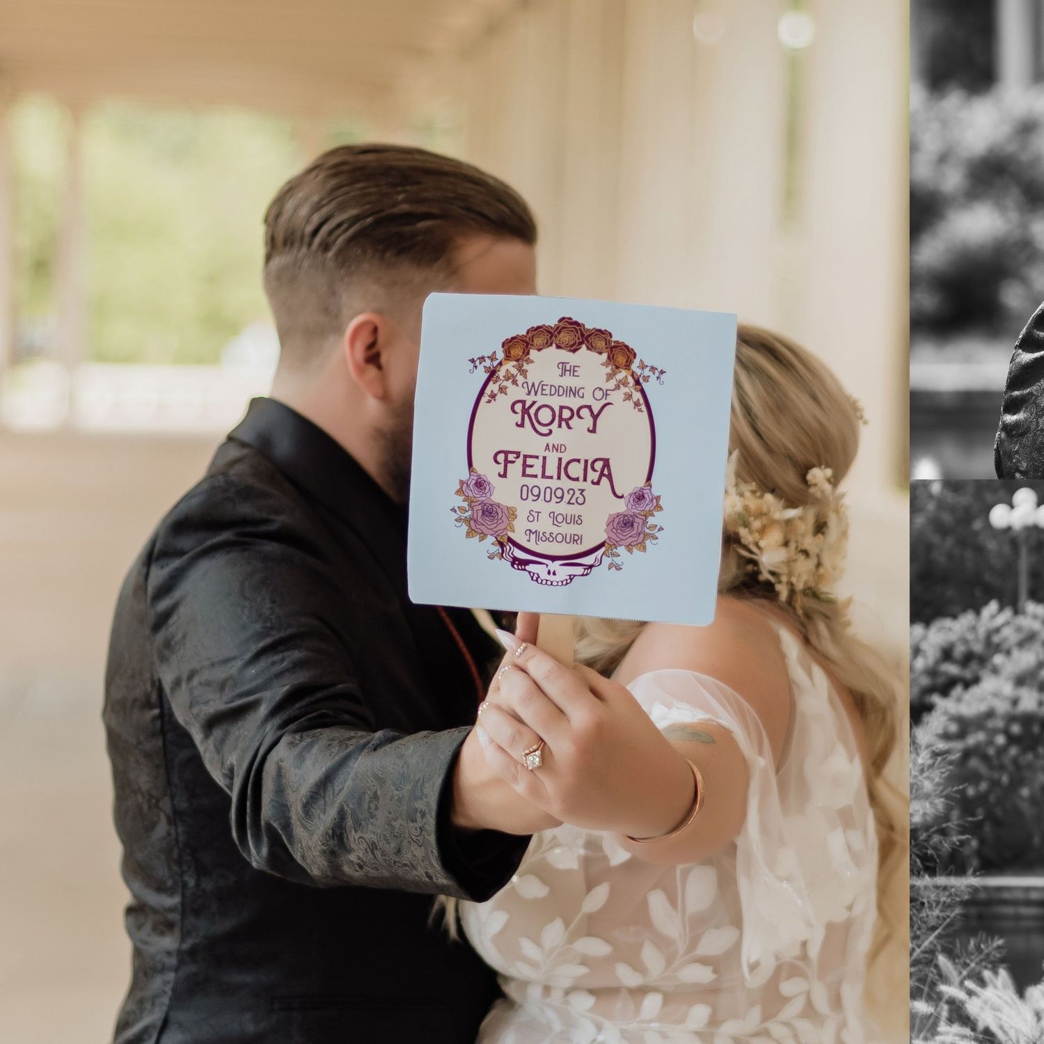 Wedding couple holding a decorative sign with floral design.