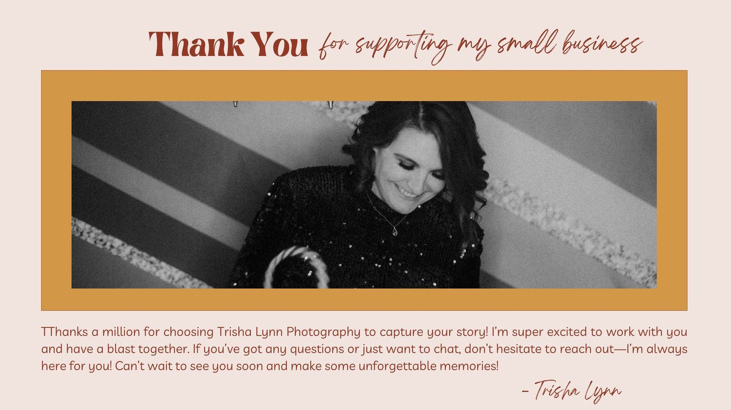 A thank you card from Trisha Lynn Photography featuring a black and white photo of a woman, with warm gold and red branding.