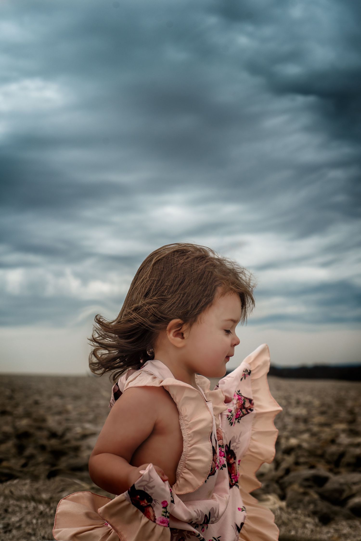 Young child in ruffled dress stands against dramatic stormy sky in open field.