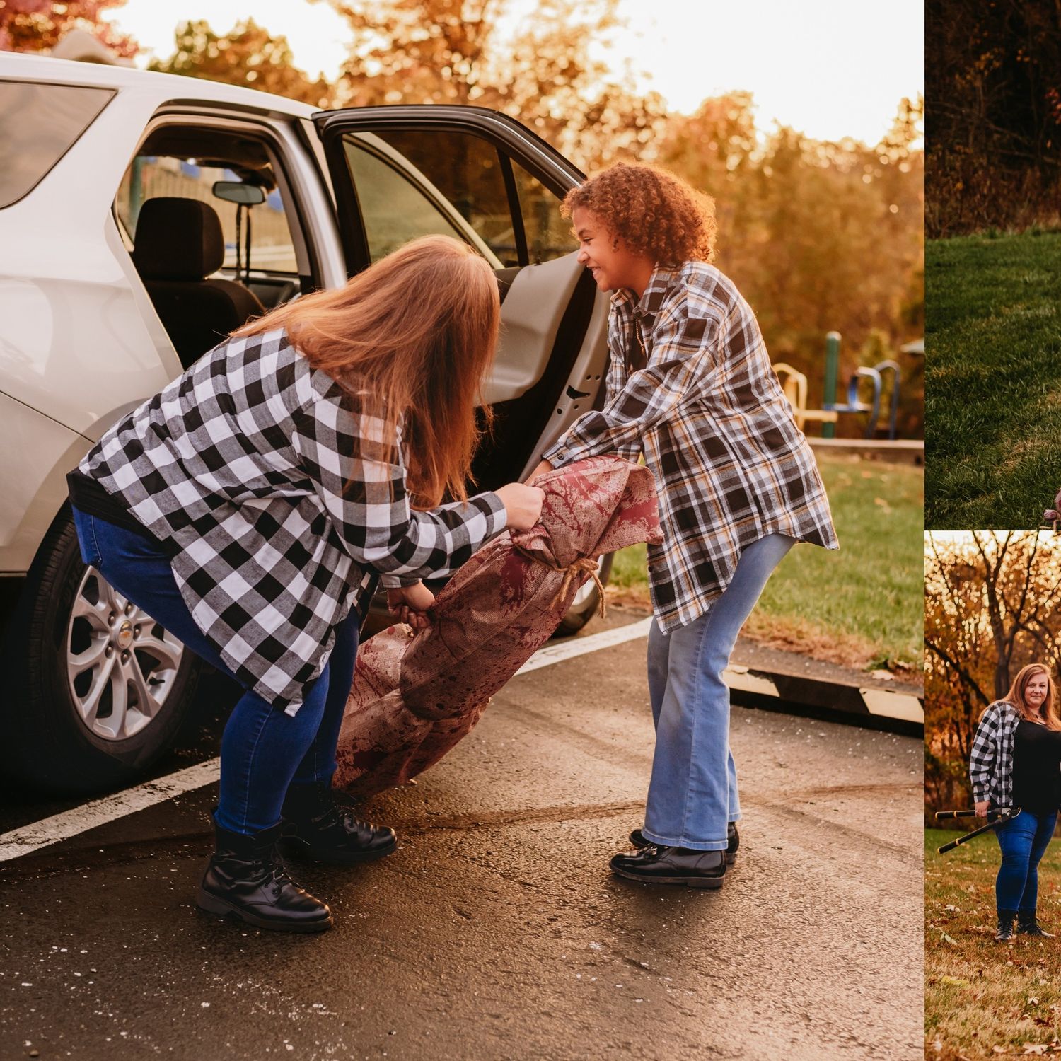 Series of photos showing people interacting near a white vehicle during sunset.
