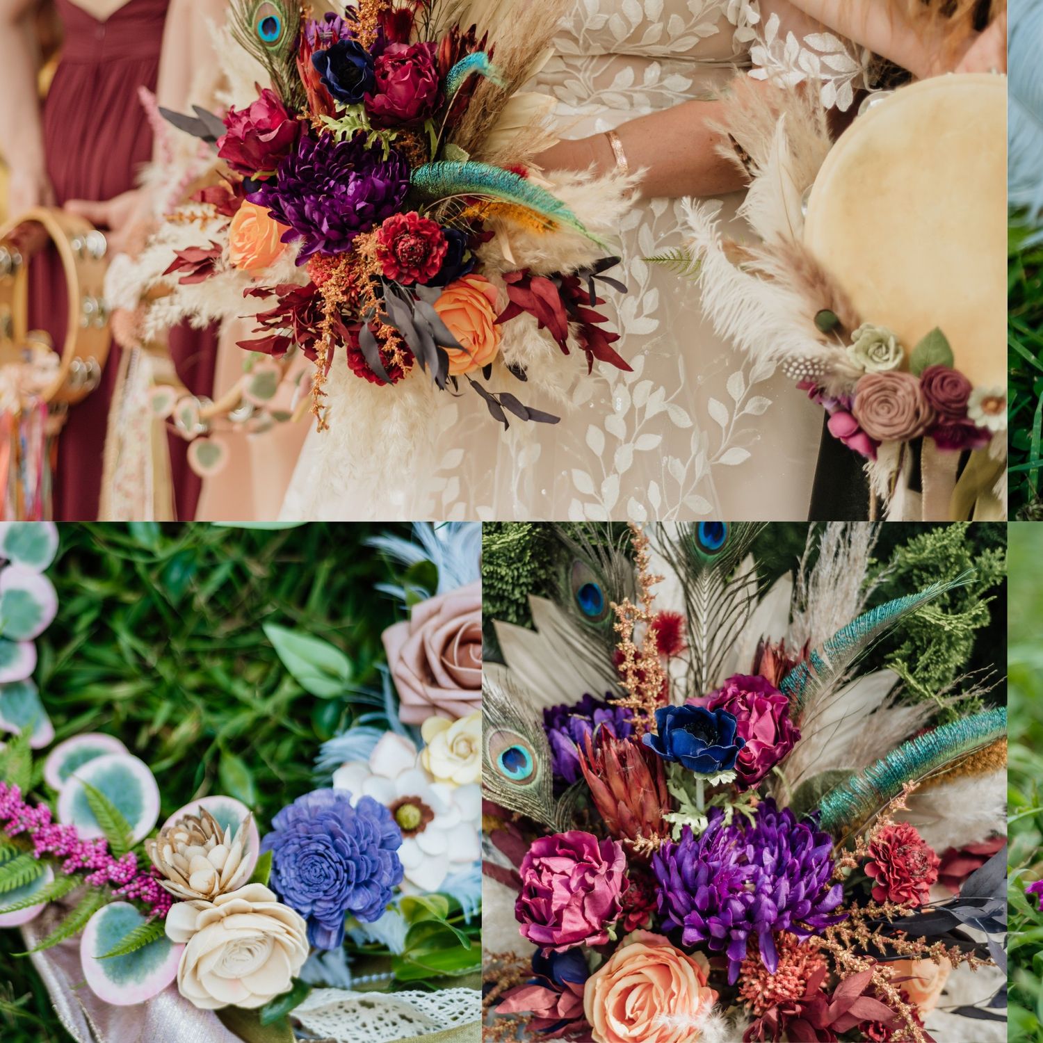 Colorful wedding bouquet with peacock feathers, purple flowers, and burgundy roses.