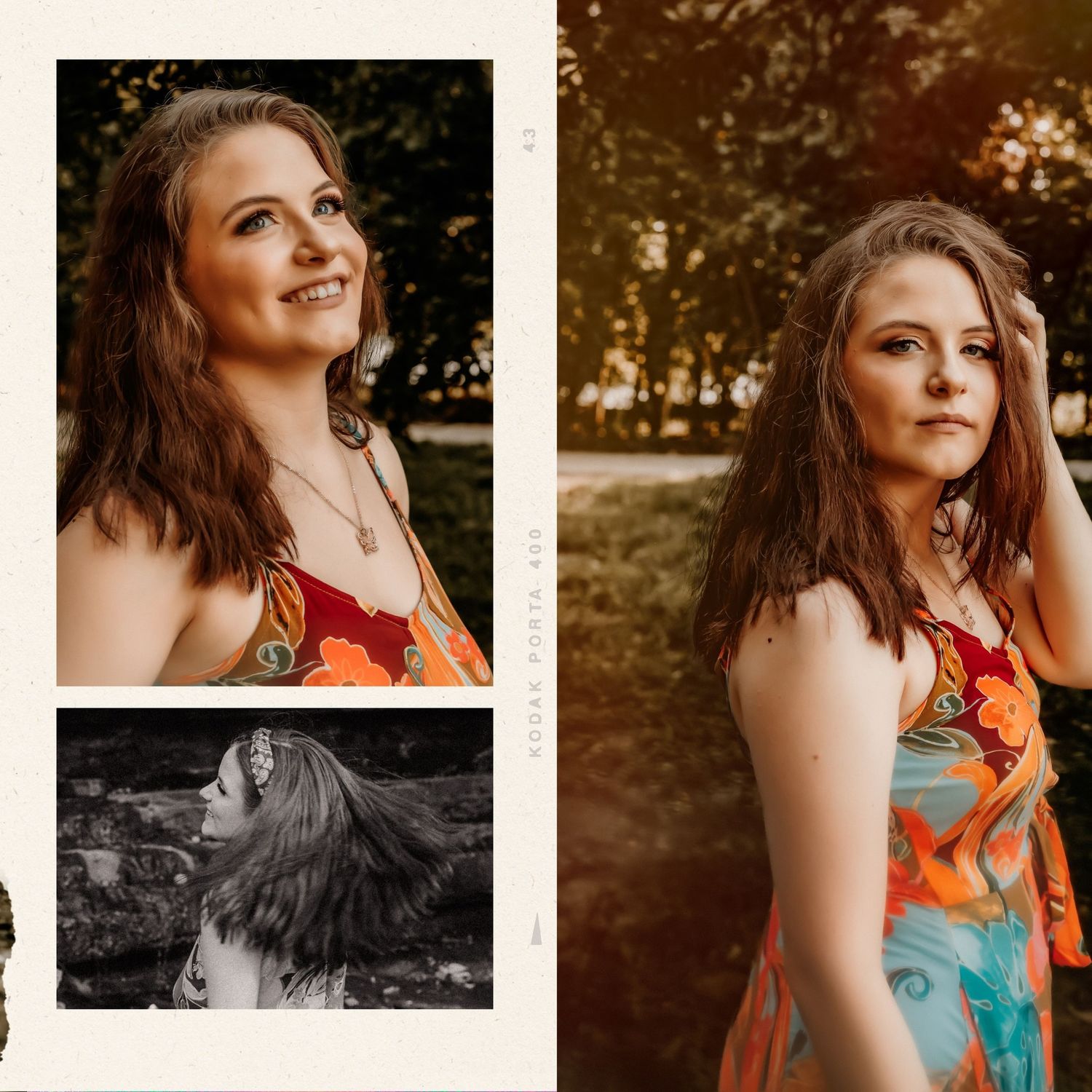 Artistic portrait series featuring a floral dress and red headband against natural lighting.