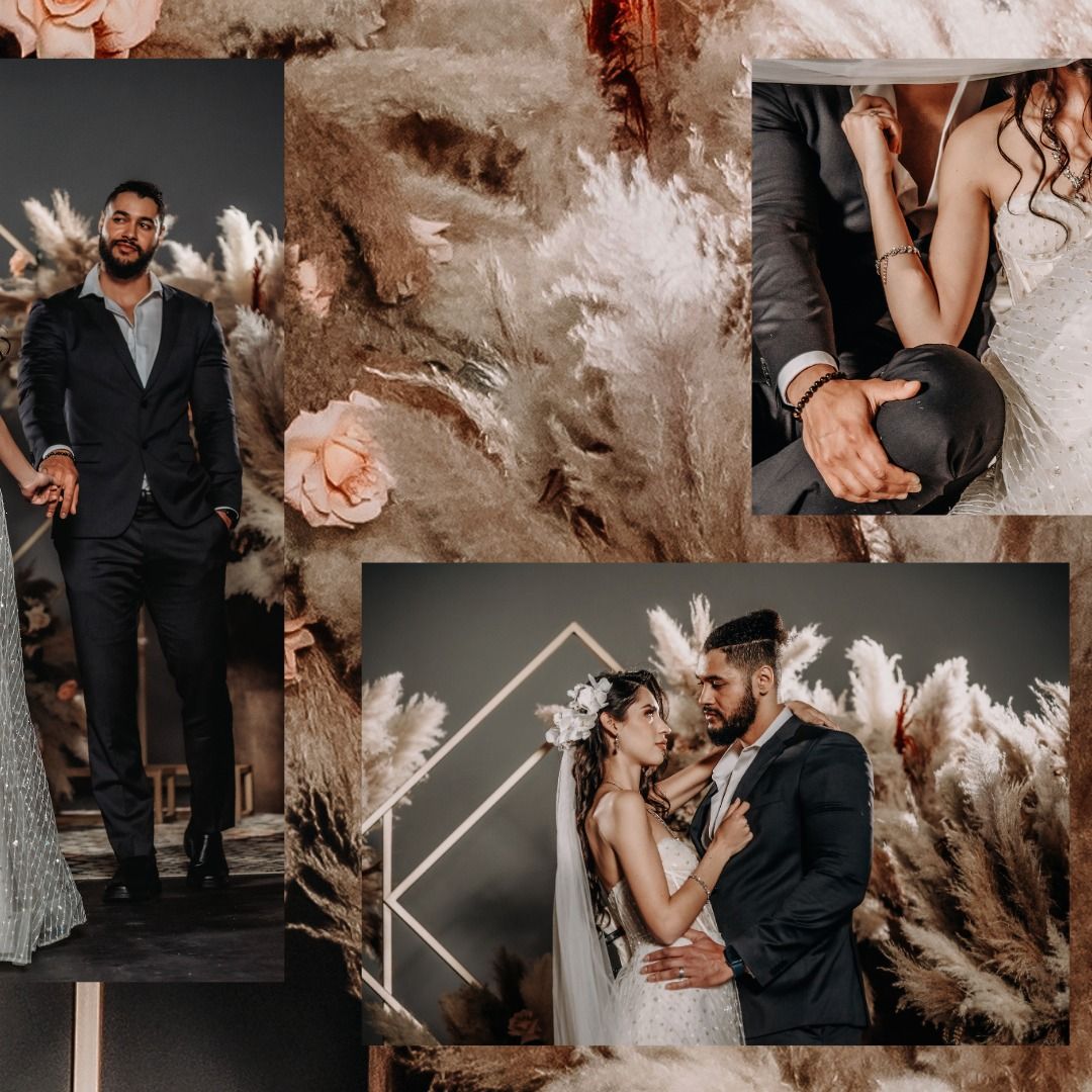 Romantic wedding photography series with modern geometric backdrop and mood lighting.