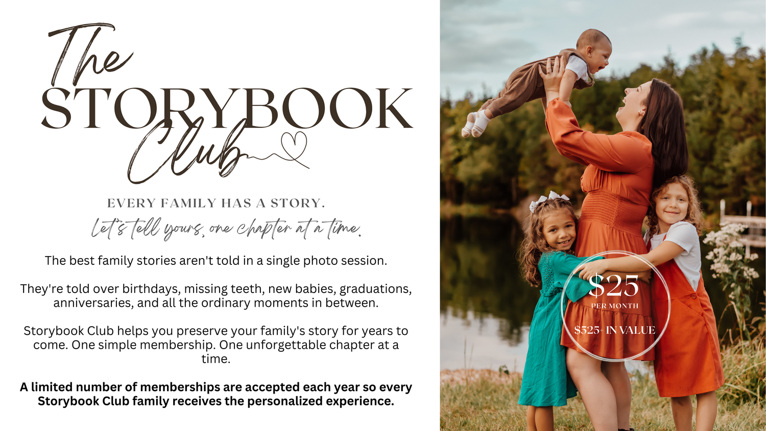 Storybook Club photography membership ad featuring a mother and child outdoors, offering family story preservation for $25.