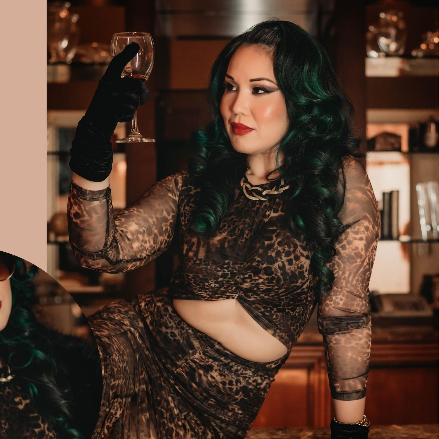 Portrait series in a dimly lit bar setting featuring dark lace dress and emerald hair styling.
