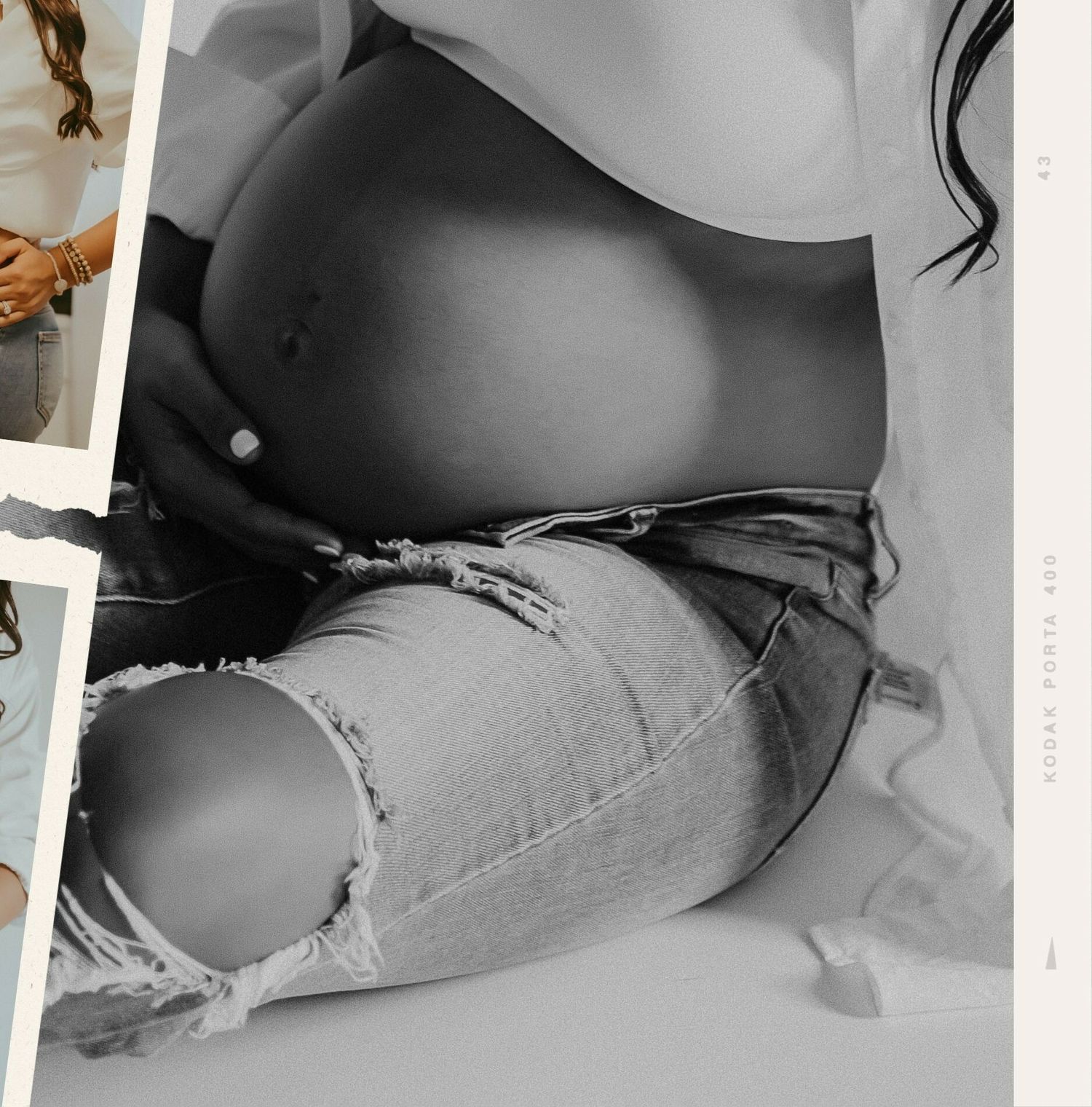 Black and white artistic maternity photos with distressed denim details.