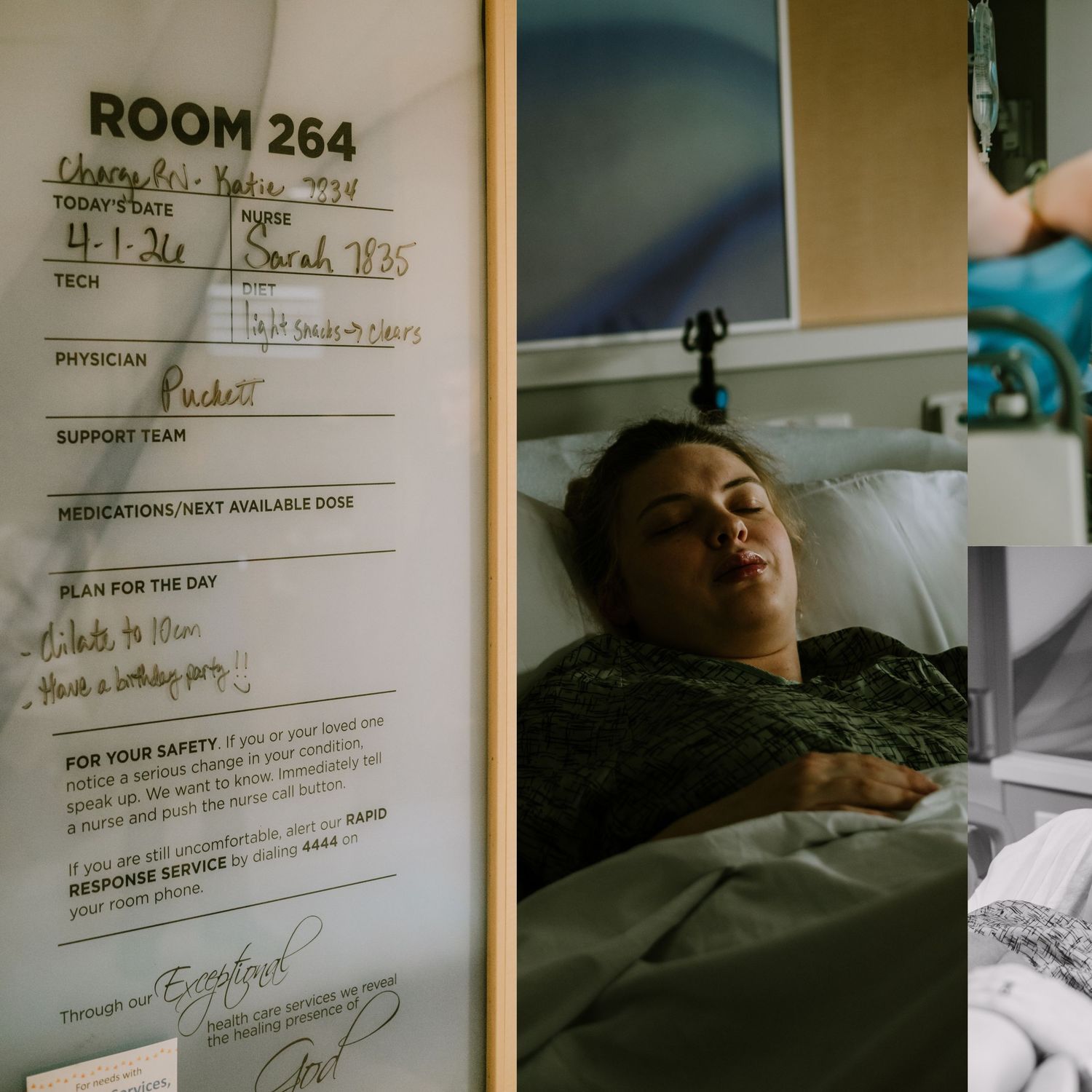 Patient resting in hospital bed in Room 264, with medical whiteboard showing daily care plan and physician notes.