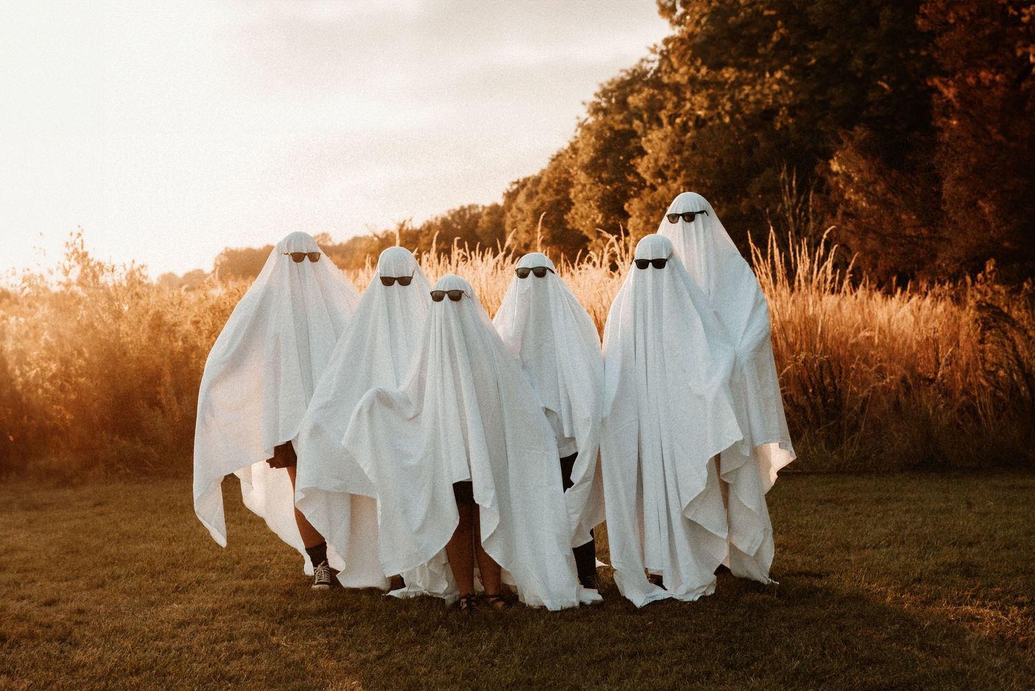 Group of people dressed as ghosts posing in field during golden hour.