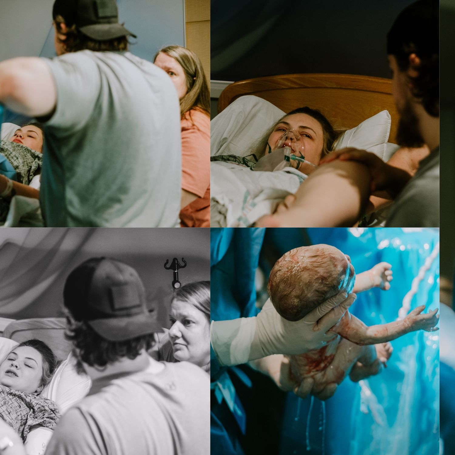 A collage of four hospital birth photos showing a mother, newborn baby, and supportive partner during labor and delivery.