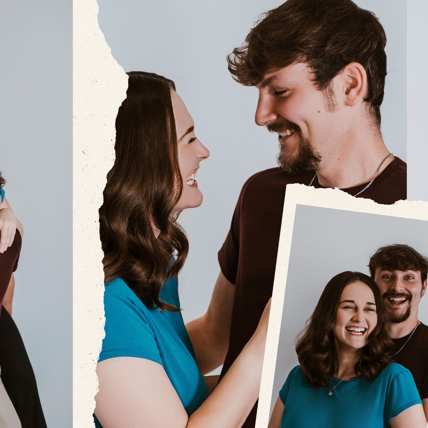 Happy couple sharing intimate moments against light studio background.