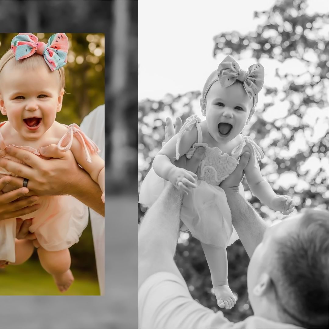 Joyful expressions of a baby being lifted in the air during an outdoor photoshoot.