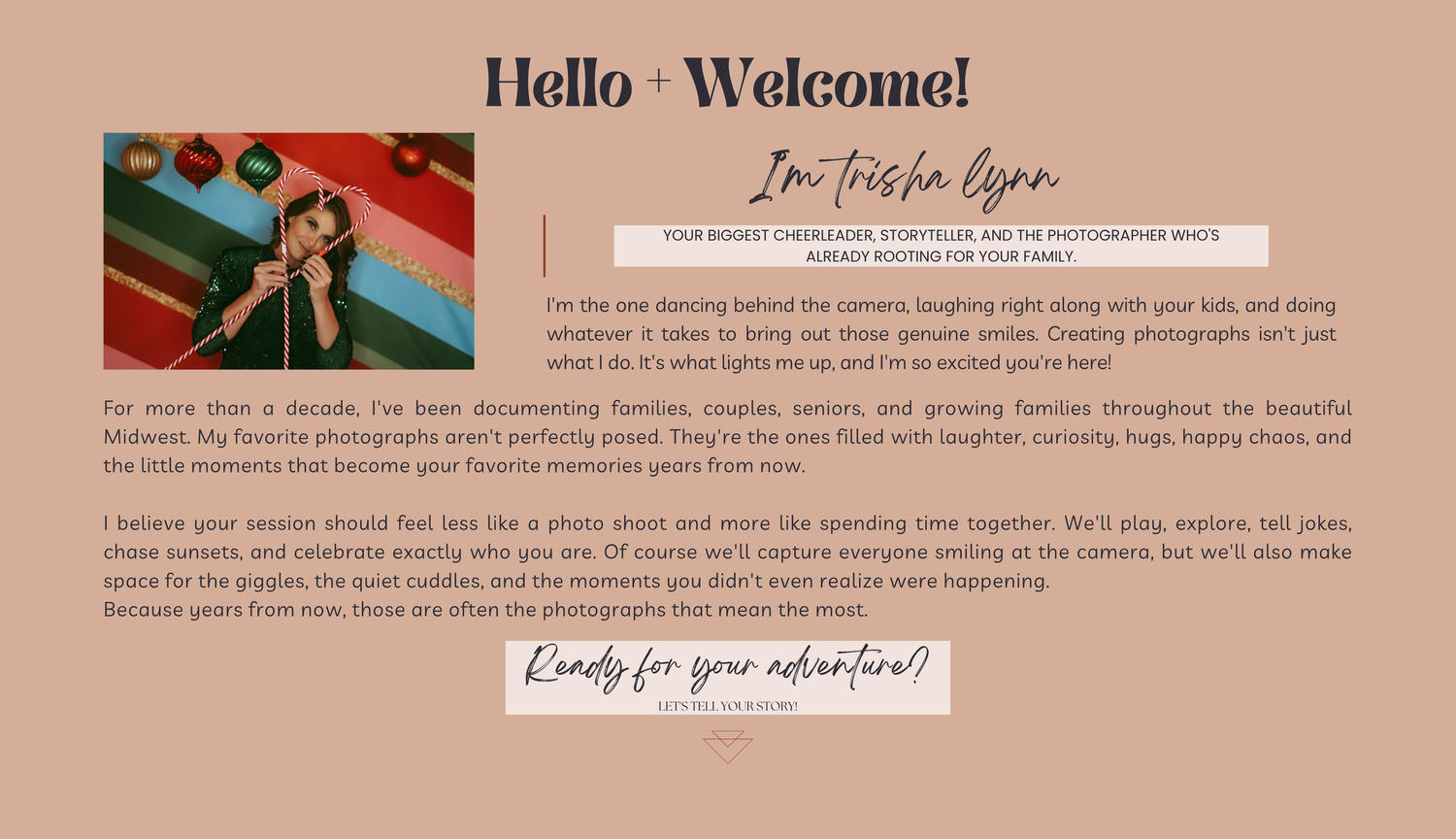 A warm welcome page for photographer Tricia Lynn featuring a portrait and text about her Midwest photography style.