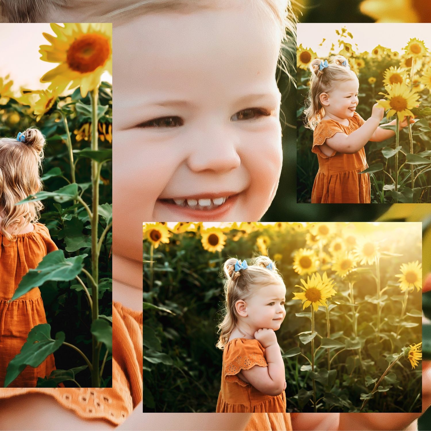 Playful garden photoshoot with sunflowers and orange eyelet dress at golden hour.