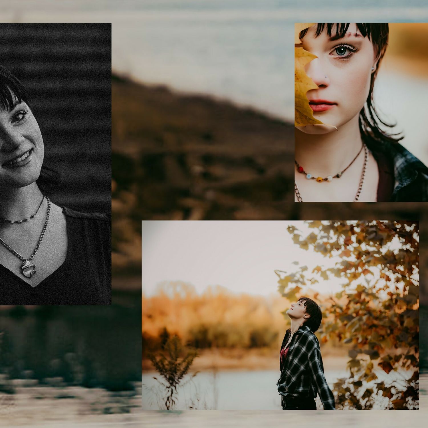 Artistic collage of portrait shots with autumn sunset colors in background.
