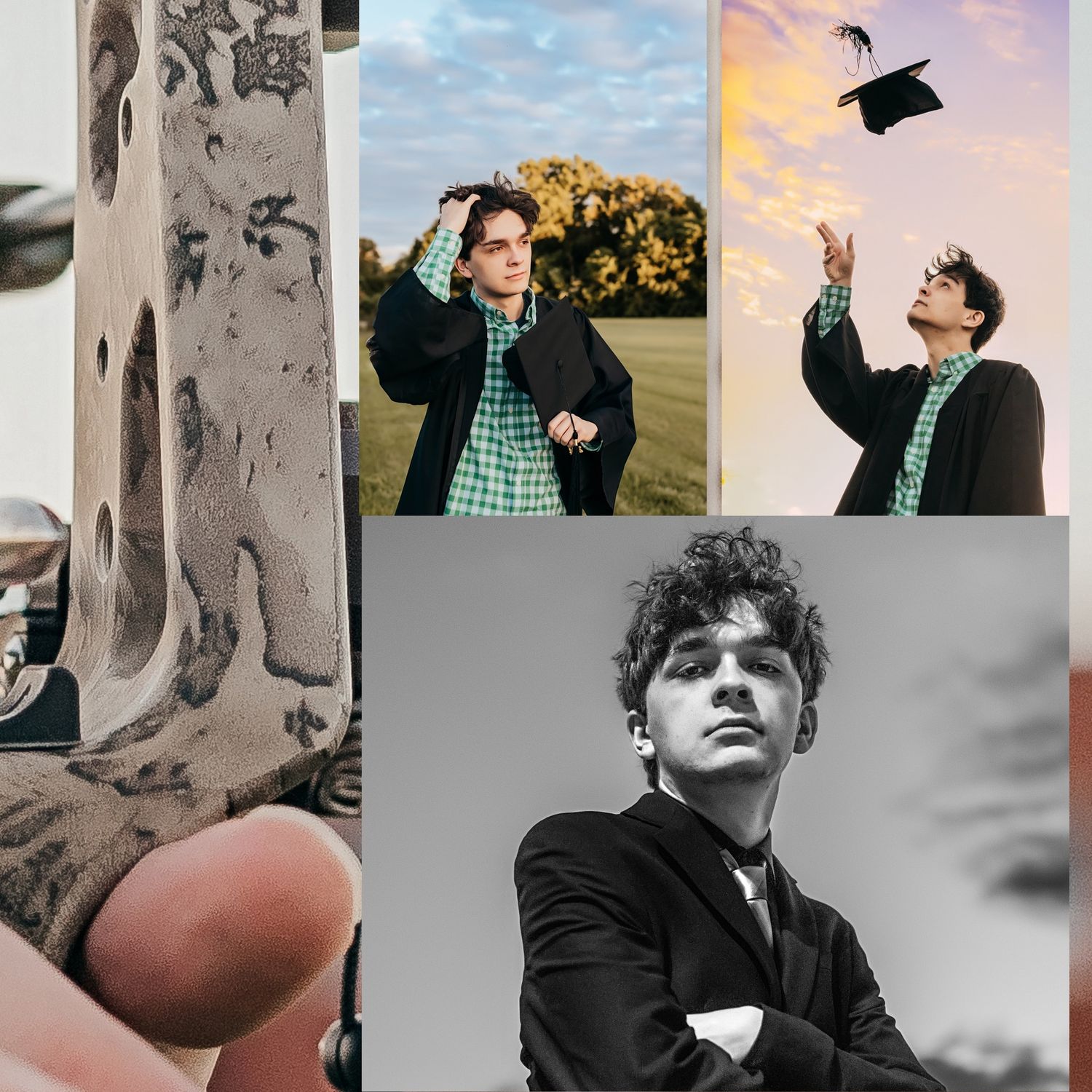Artistic portrait series combining black and white with color photos in outdoor settings.