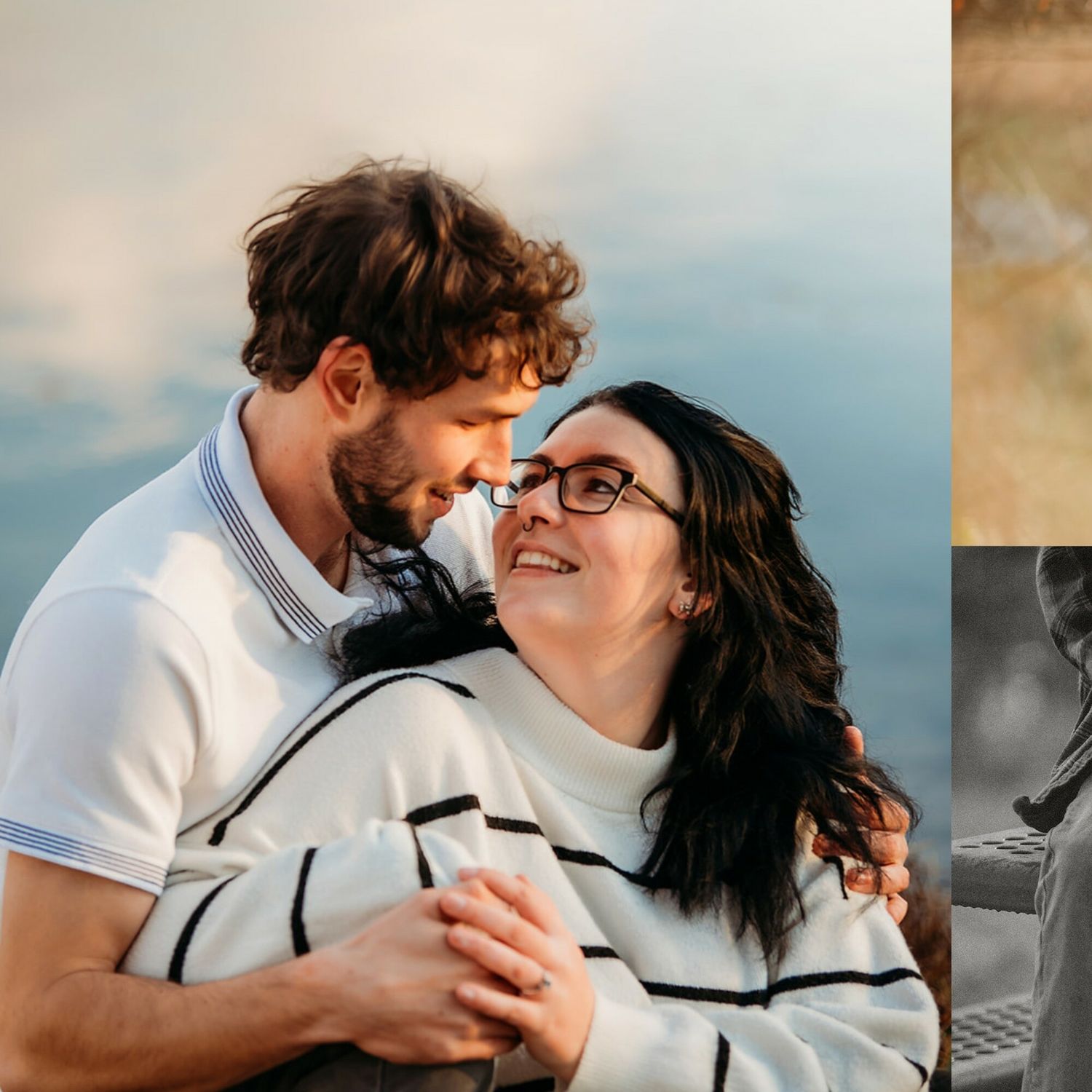 Romantic couple portrait series in matching white outfits against sunset backdrop.