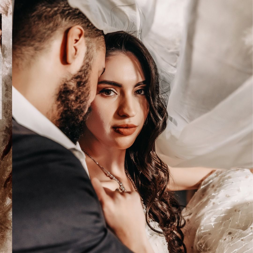 Intimate wedding portraits showing tender moments between bride and groom in soft lighting.