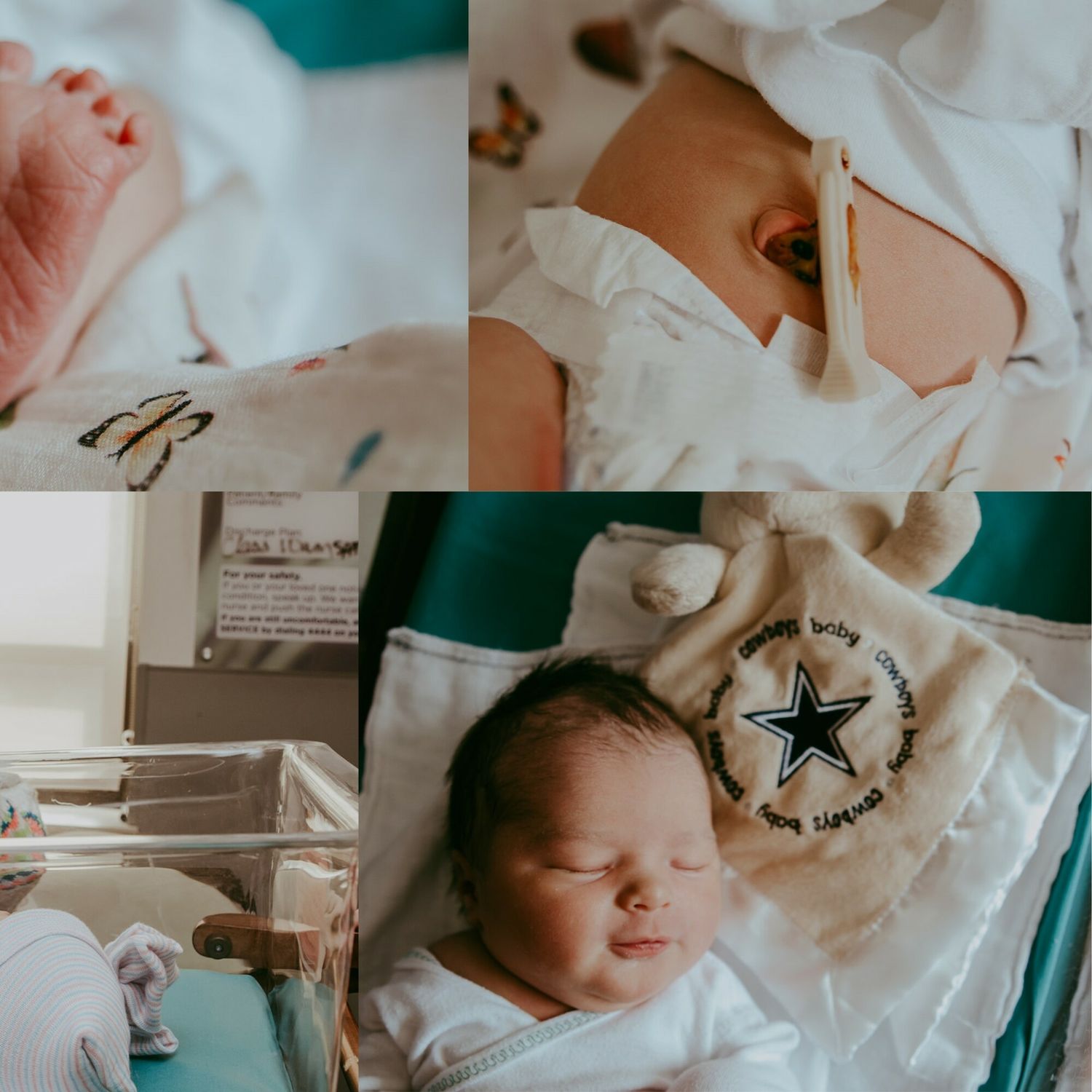 Hospital scenes featuring newborn baby details and medical equipment.