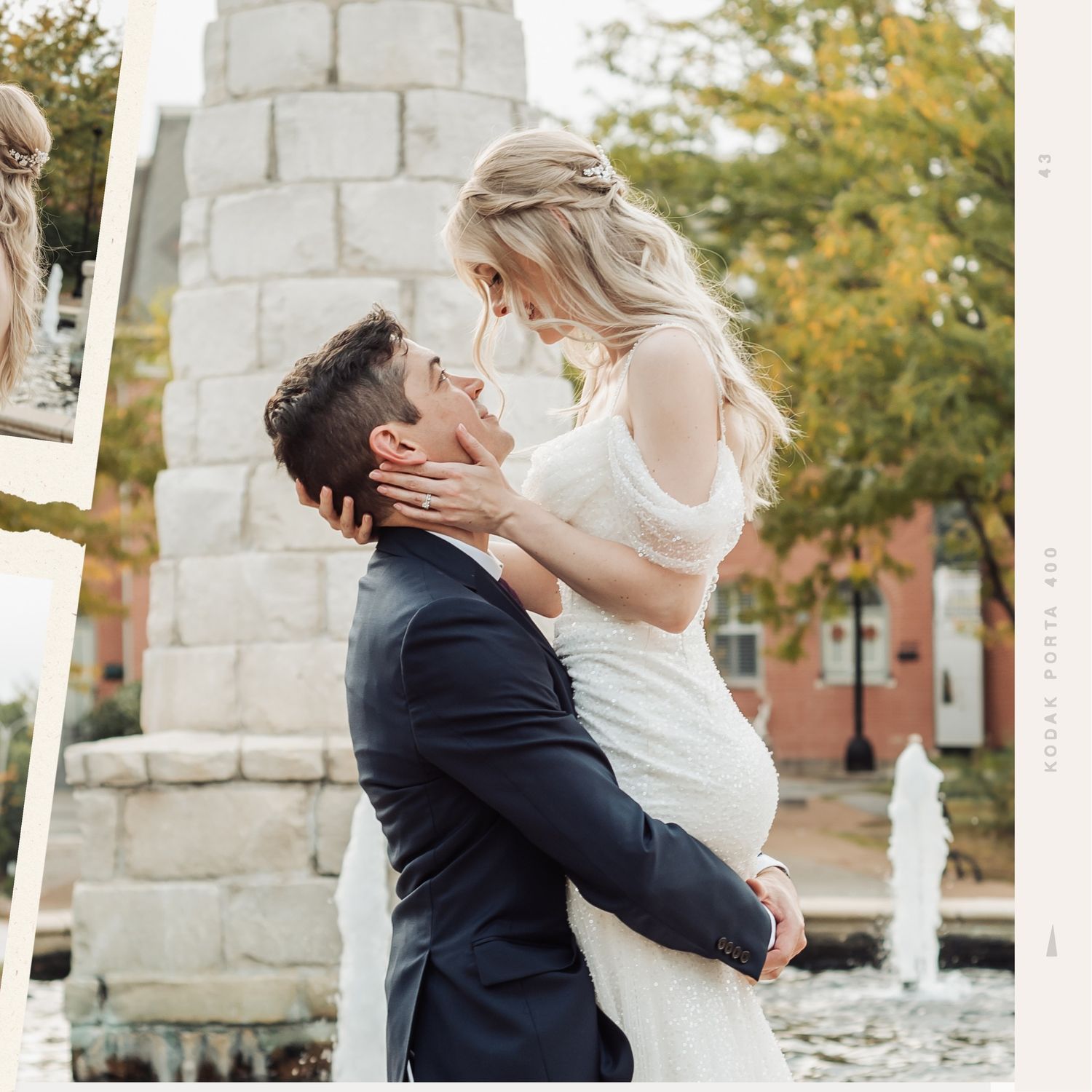 Romantic wedding portraits by a stone monument in an autumn park setting.