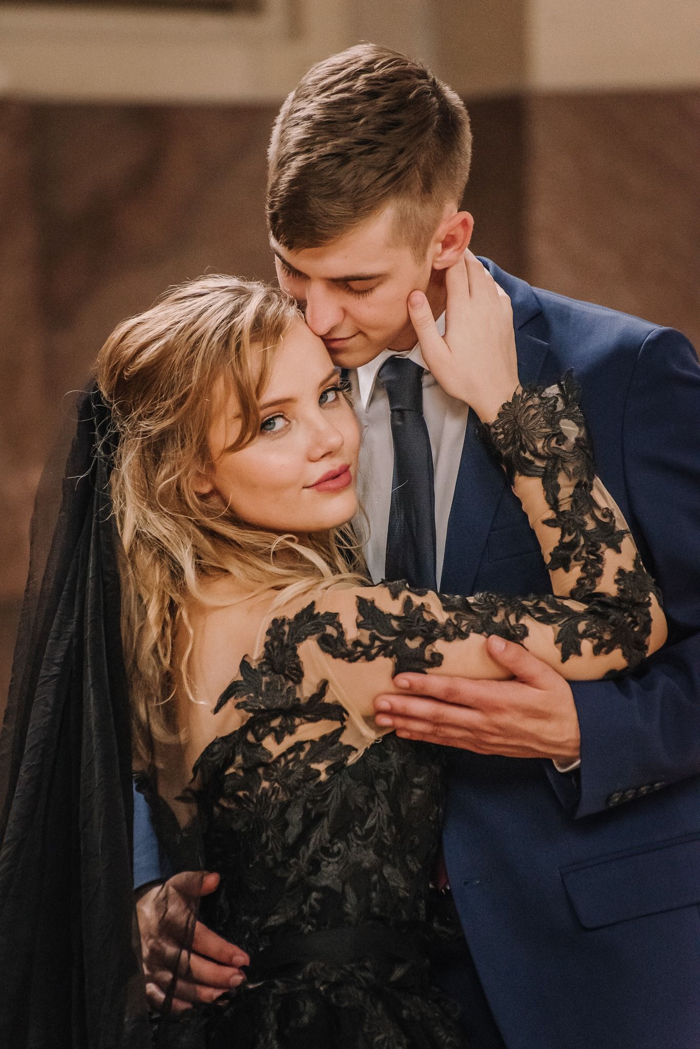 Romantic couple in formal attire share intimate moments in a sequence of artistic portraits.