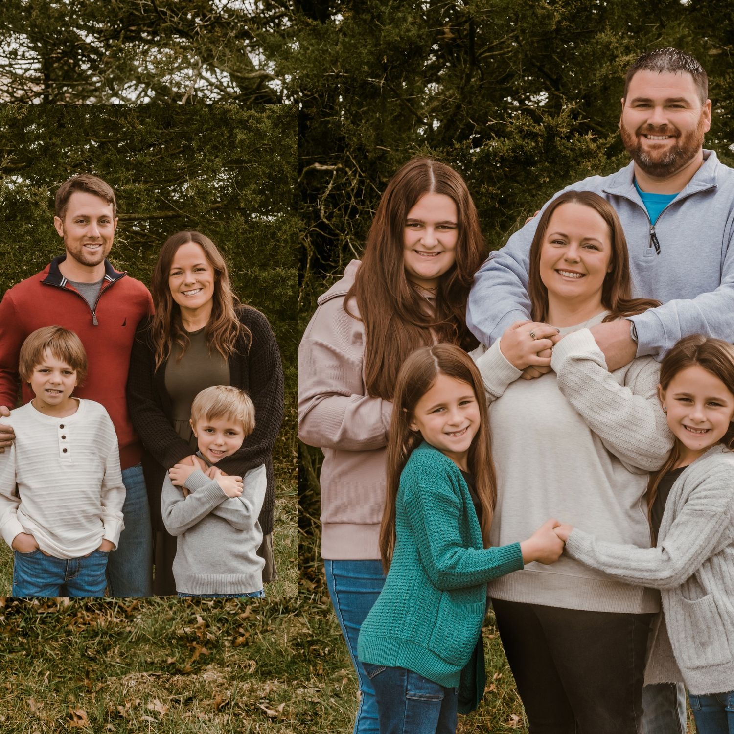Casual family photo session outdoors with everyone wearing coordinated neutral colors.