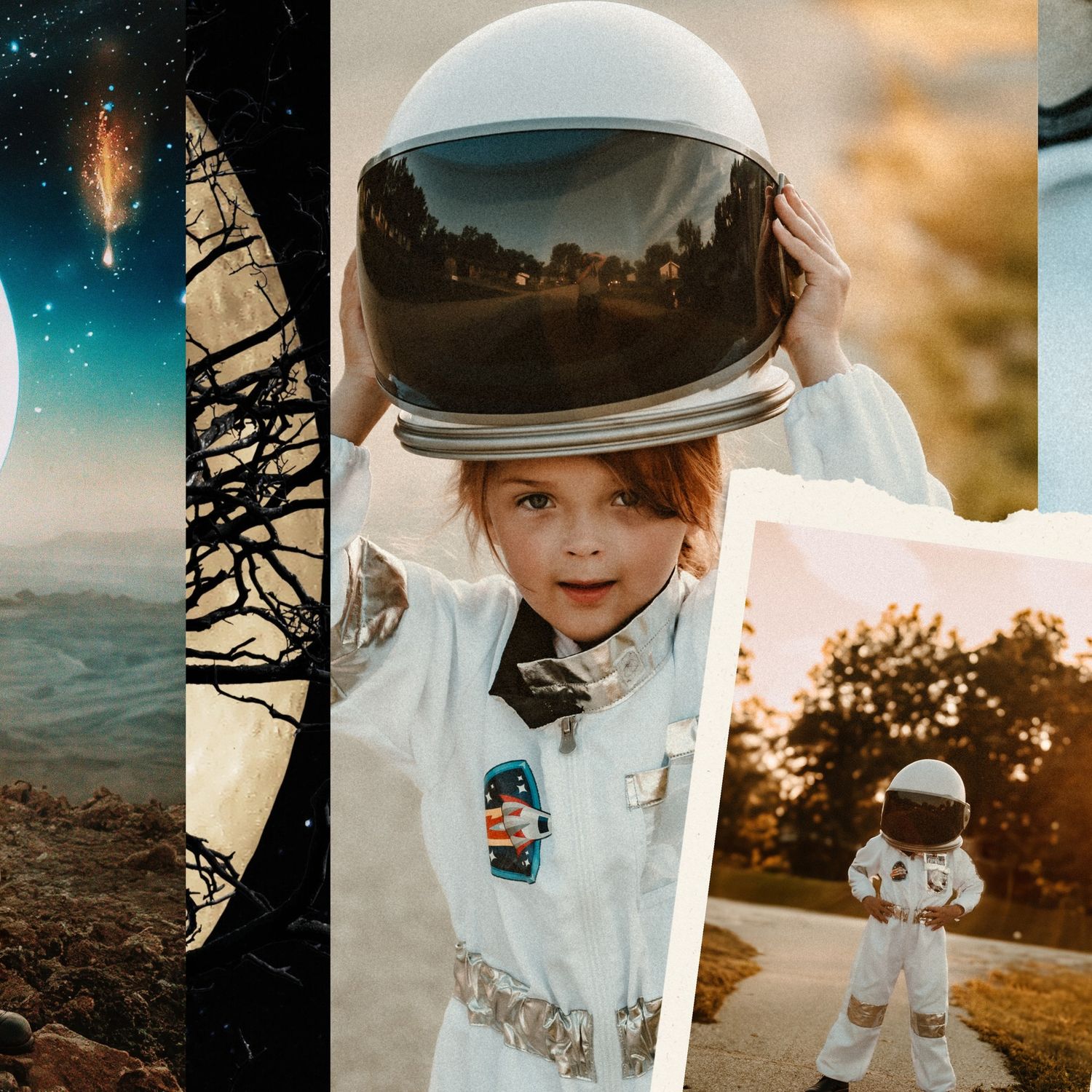 Astronaut-themed outdoor photoshoot with starry sky and moon elements.