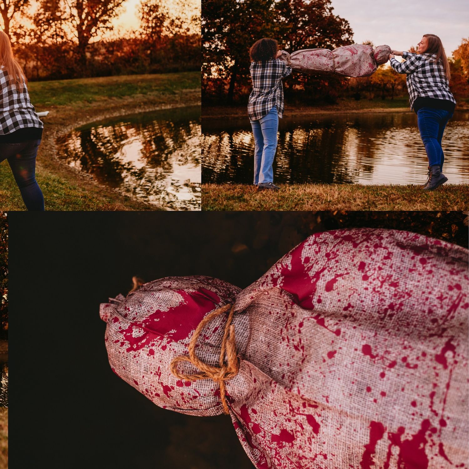 Blood-spattered prop body lies on ground in dramatic Halloween-themed photo sequence.