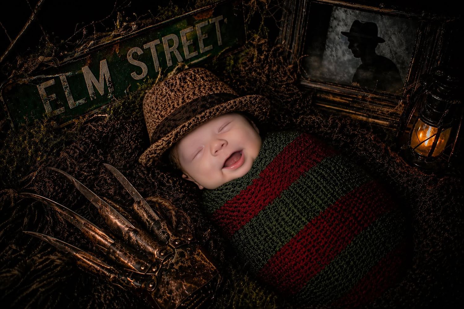 Smiling newborn baby dressed in Freddy Krueger costume with striped wrap and hat, posed on Elm Street themed backdrop.