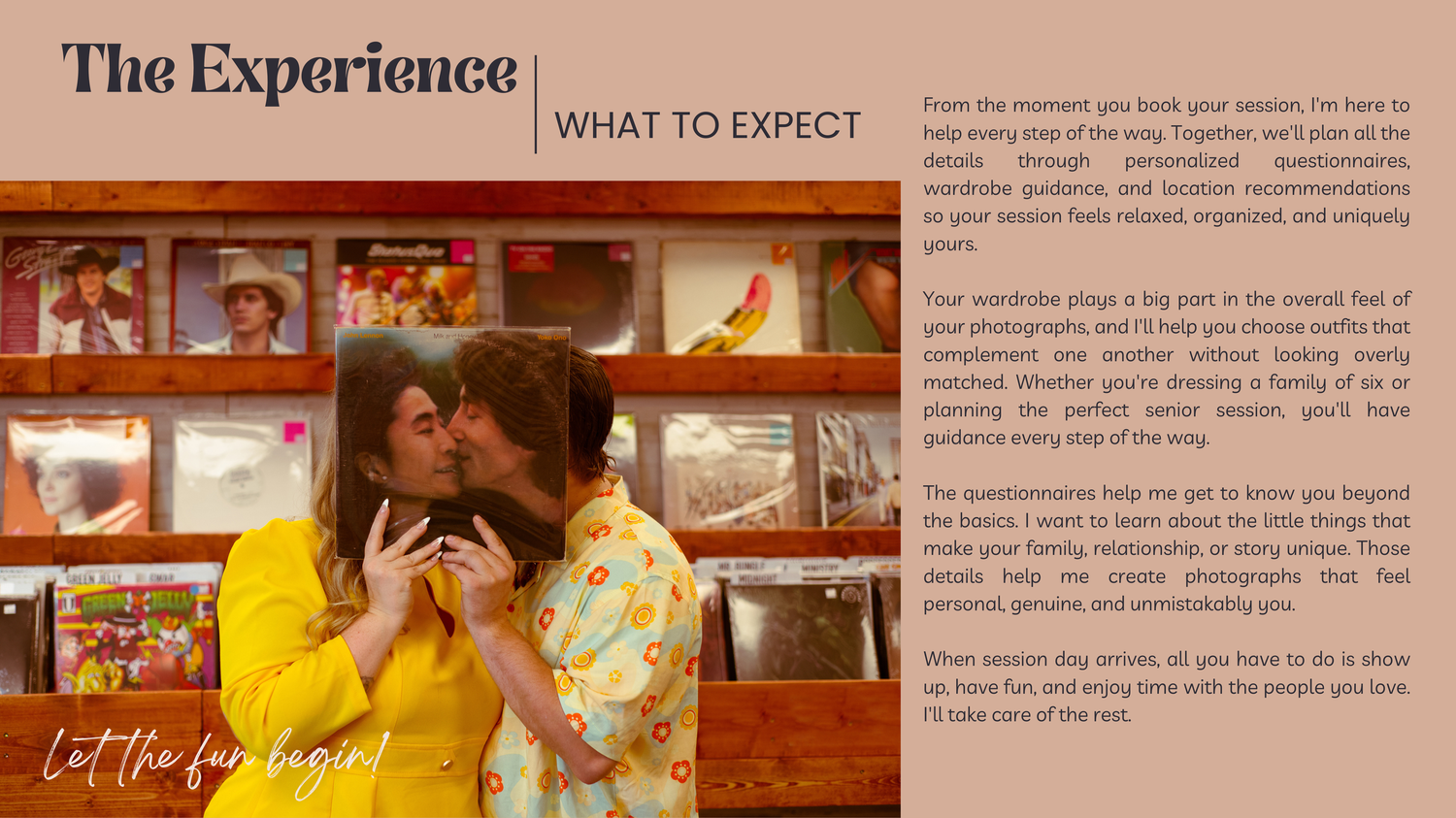Couple sharing a tender kiss in a colorful photography studio surrounded by vibrant backdrops and warm lighting.
