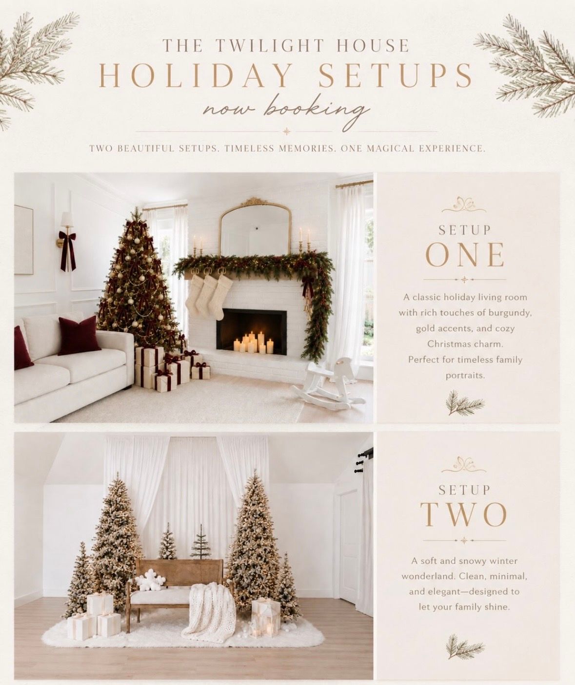 Elegant holiday photography setups featuring decorated Christmas trees, fireplace, and winter wonderland backdrops for family portraits.