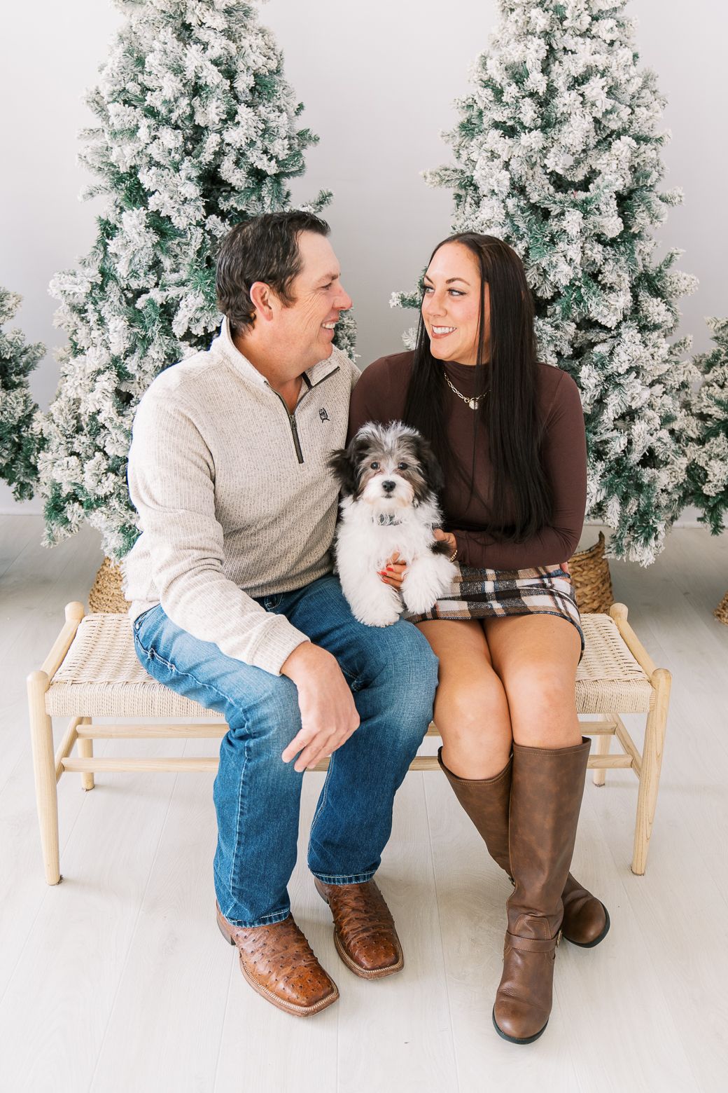 A couple sits on a bench with their small white dog in front of snowy white Christmas trees in a studio setting.