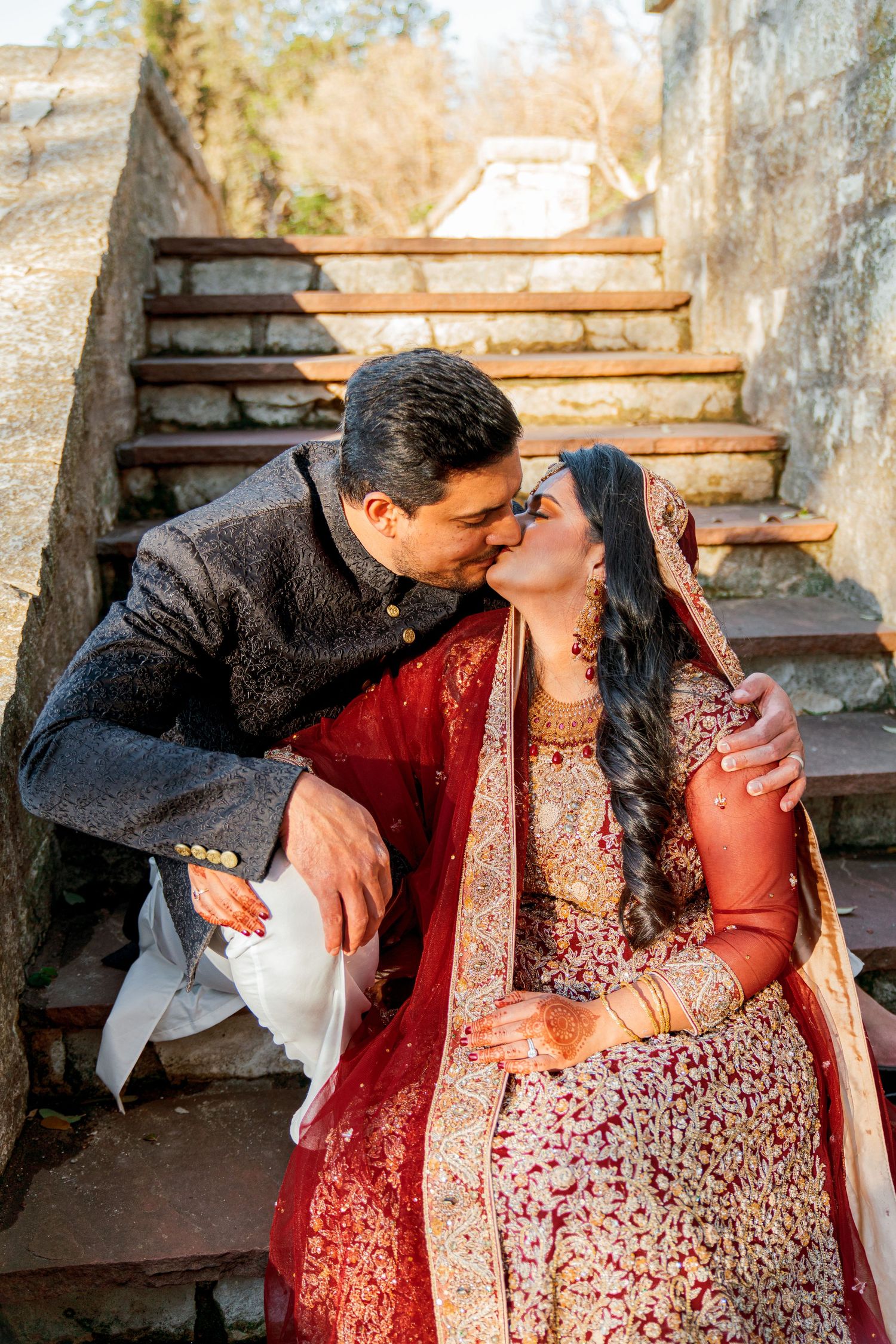 A romantic sequence of a couple in traditional South Asian wedding attire sharing intimate moments.